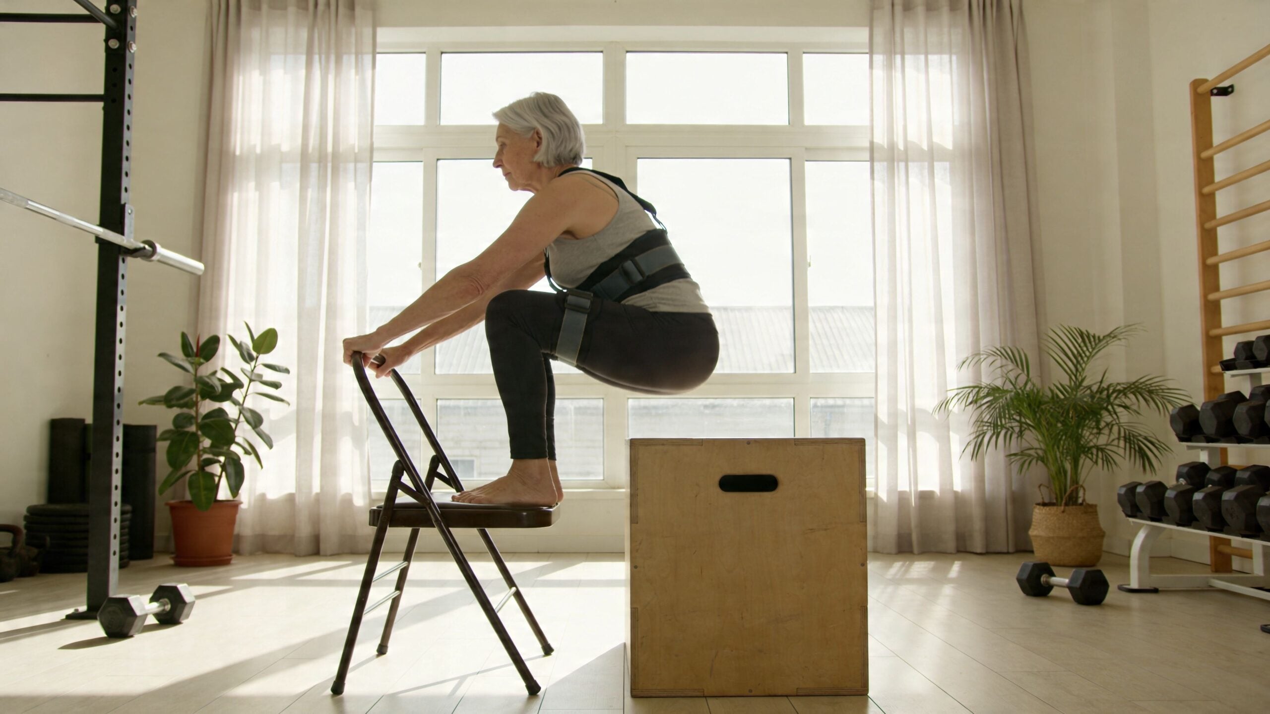 A fit senior woman performing a supported squat exercise with a chair for balance in a gym.