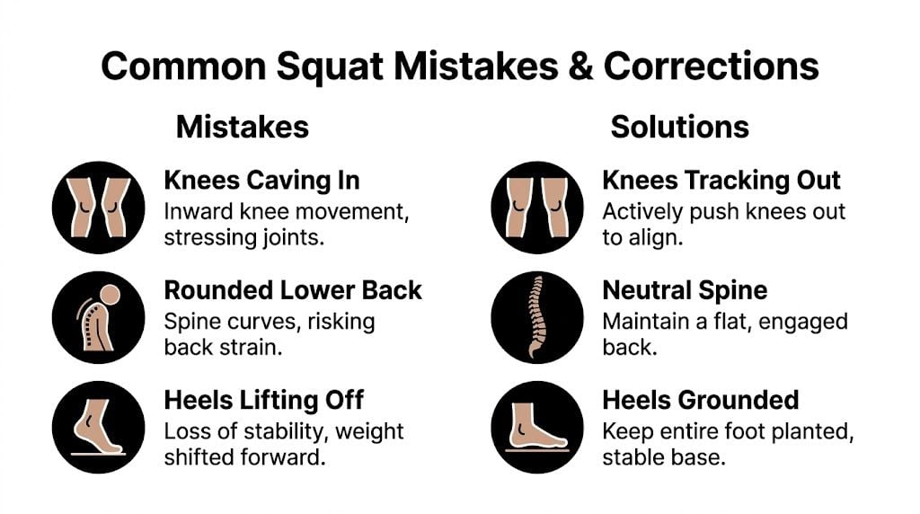 A visual guide comparing common squat mistakes like caving knees, rounded back, and lifting heels with proper form.