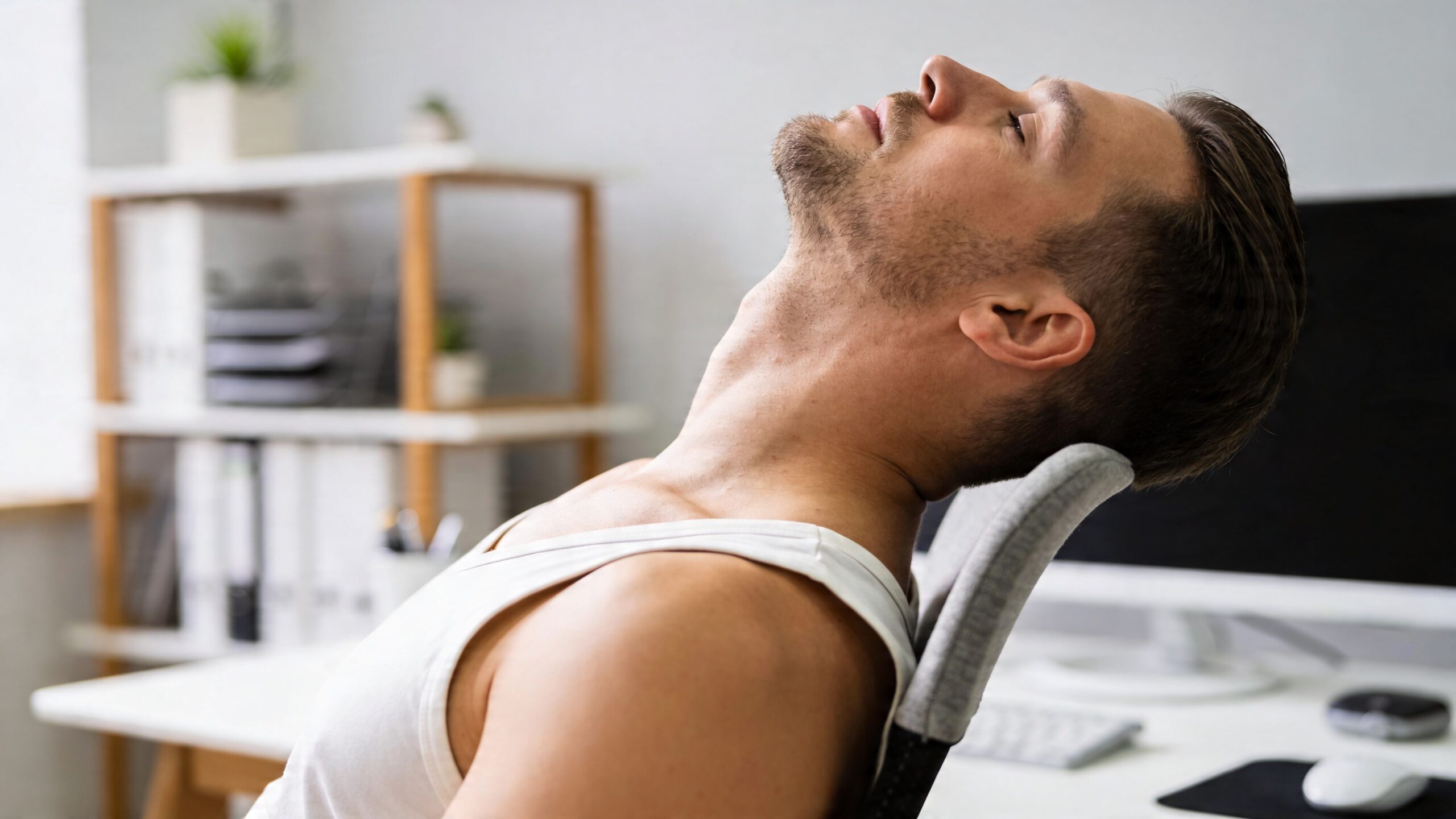 A man stretching his neck backward while sitting on an office chair to relieve muscle tension.