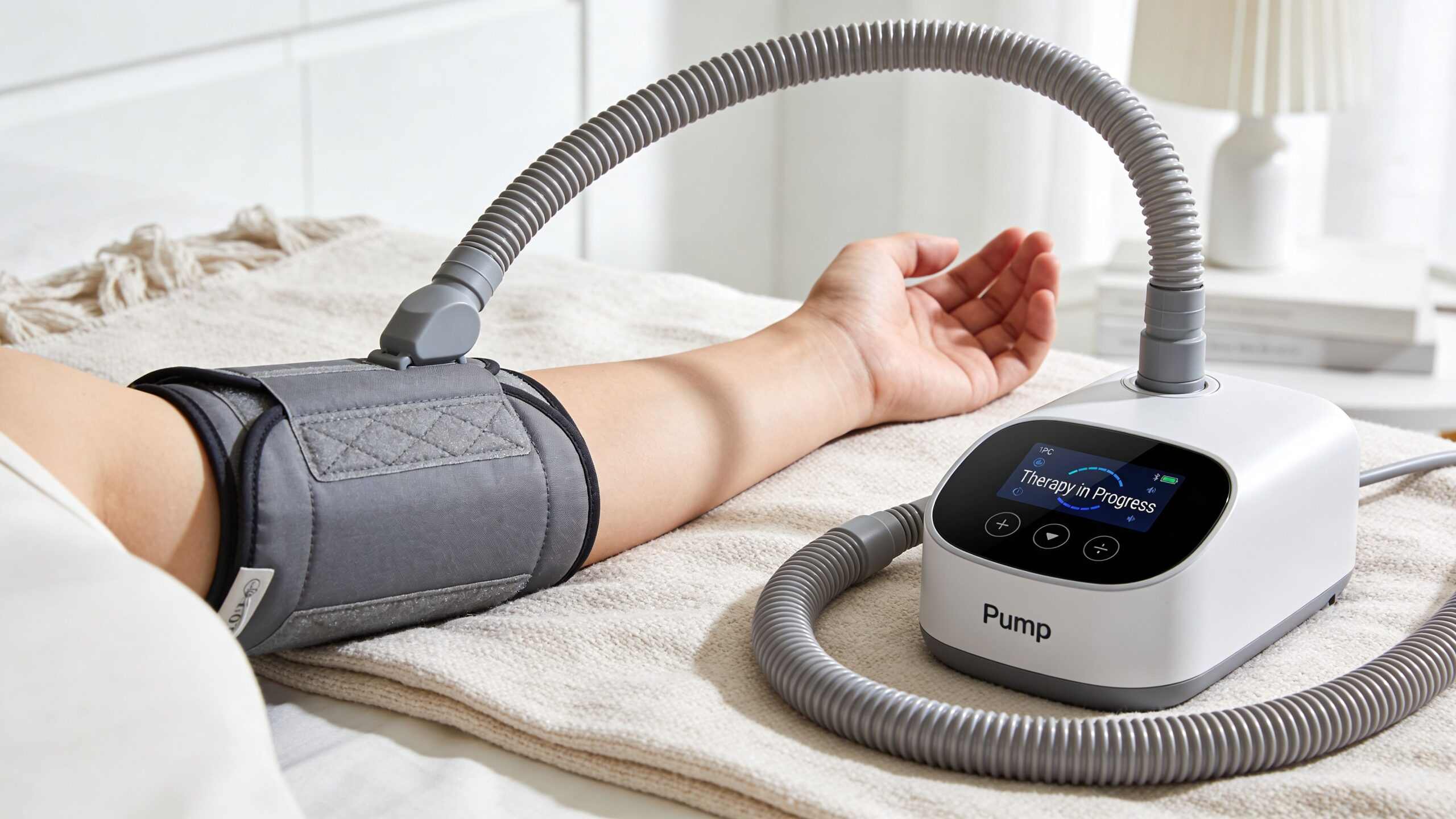 A person receiving lymphedema therapy at home using a medical pneumatic compression pump on their arm.