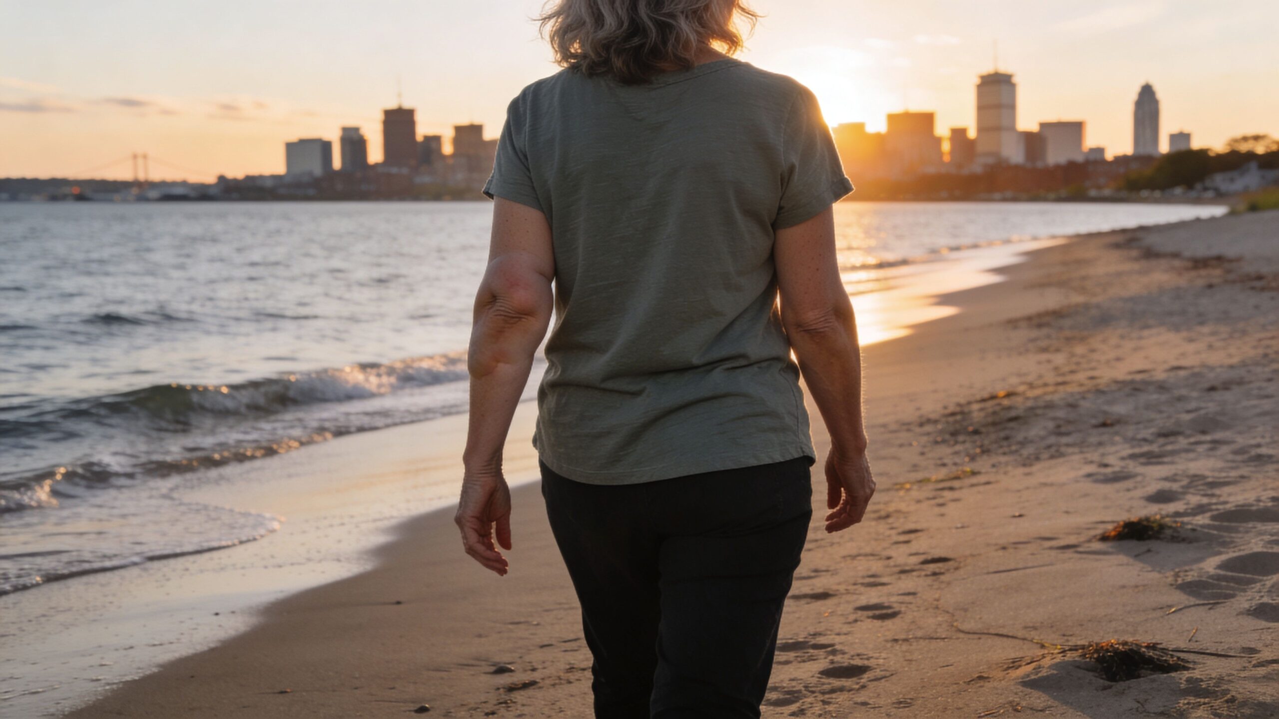 A woman with lymphedema on her arm walking along a sandy beach during a sunset city view.