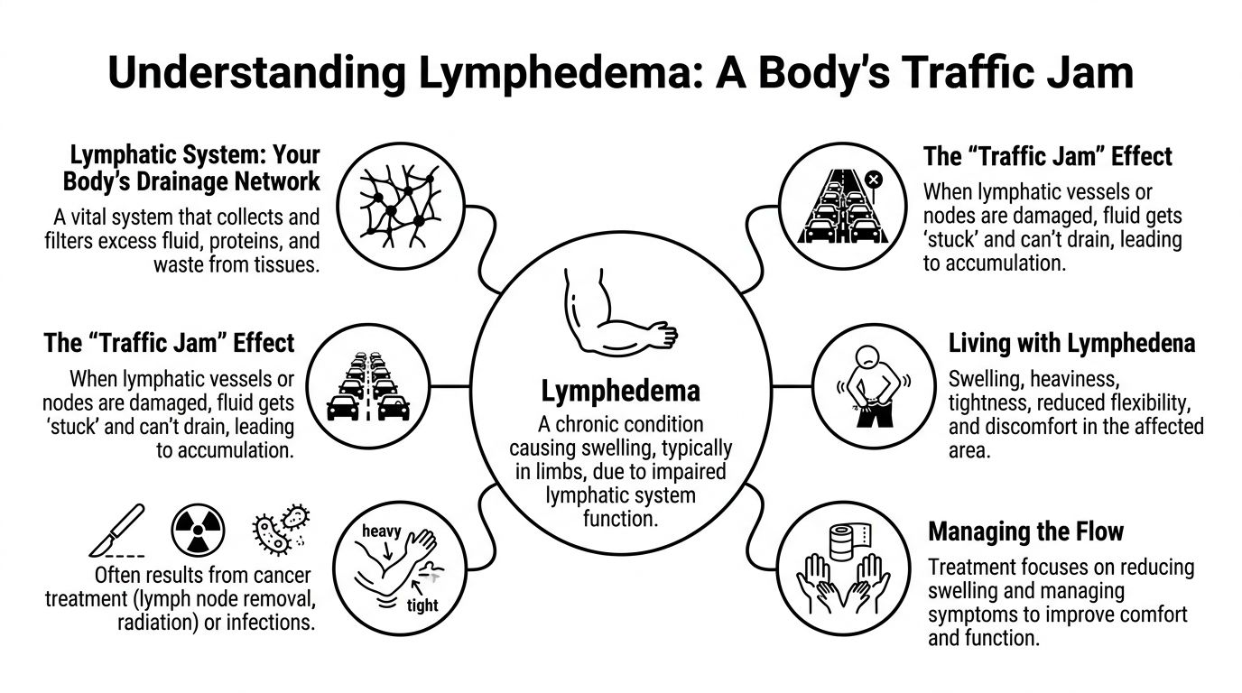 An infographic titled Understanding Lymphedema: A Body's Traffic Jam explaining the condition, causes, and management treatments.