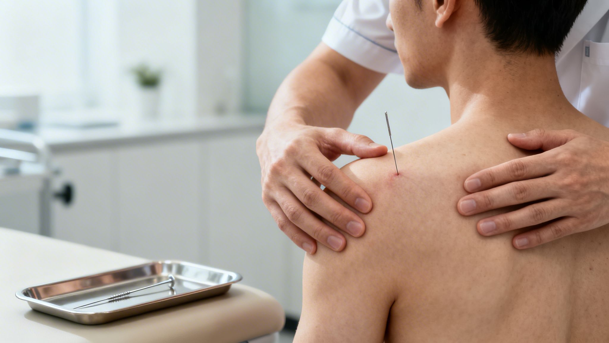 A practitioner performs trigger point therapy with a needle on a patient's upper back.