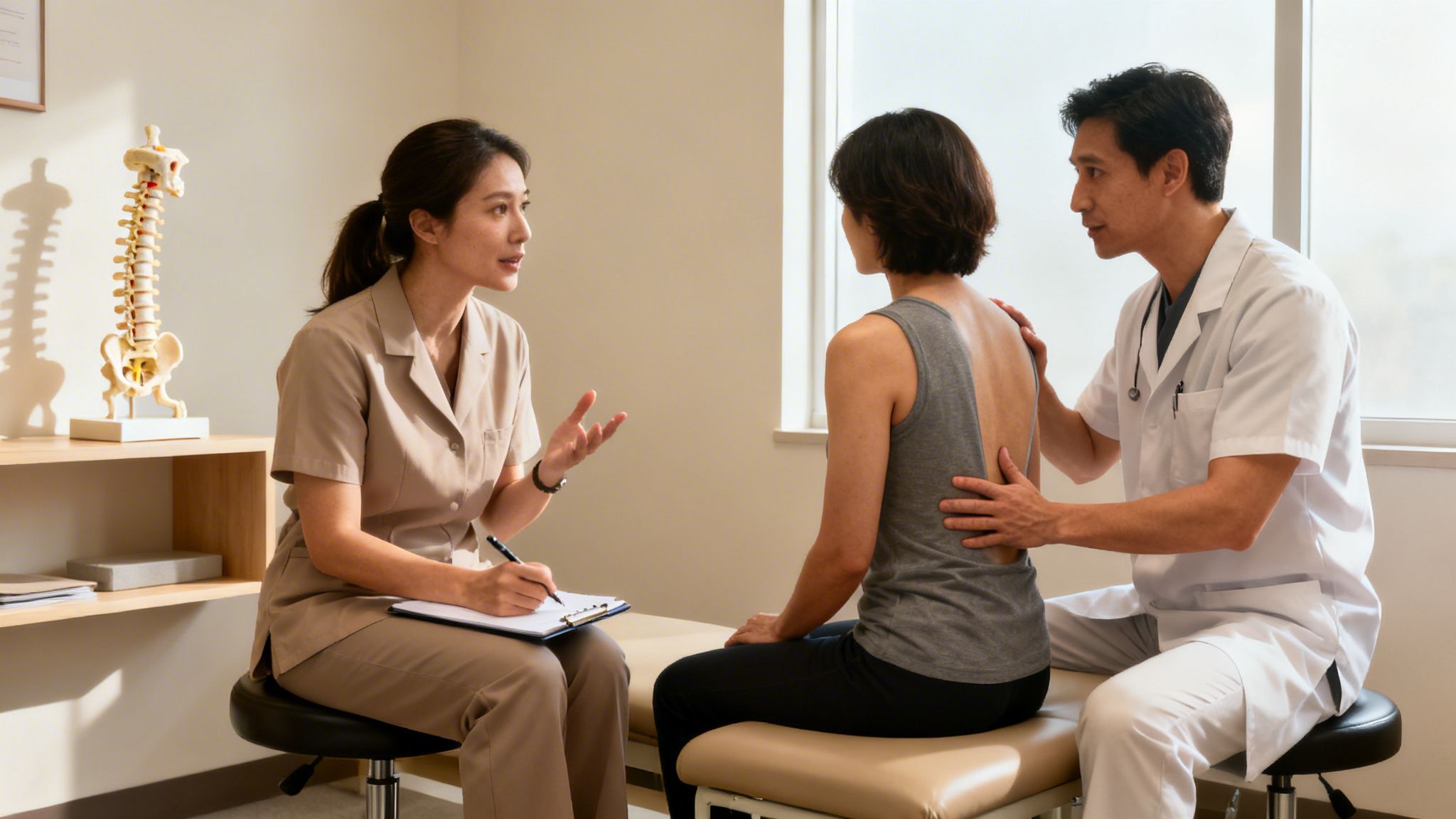 A chiropractor examines a patient's back, while a therapist takes notes in a clinic.