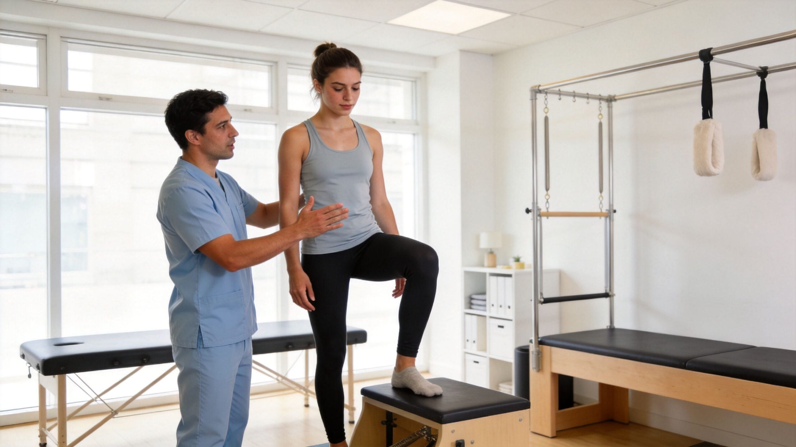 A male physical therapist assisting a female patient with leg exercises on a Pilates chair in a clinic.
