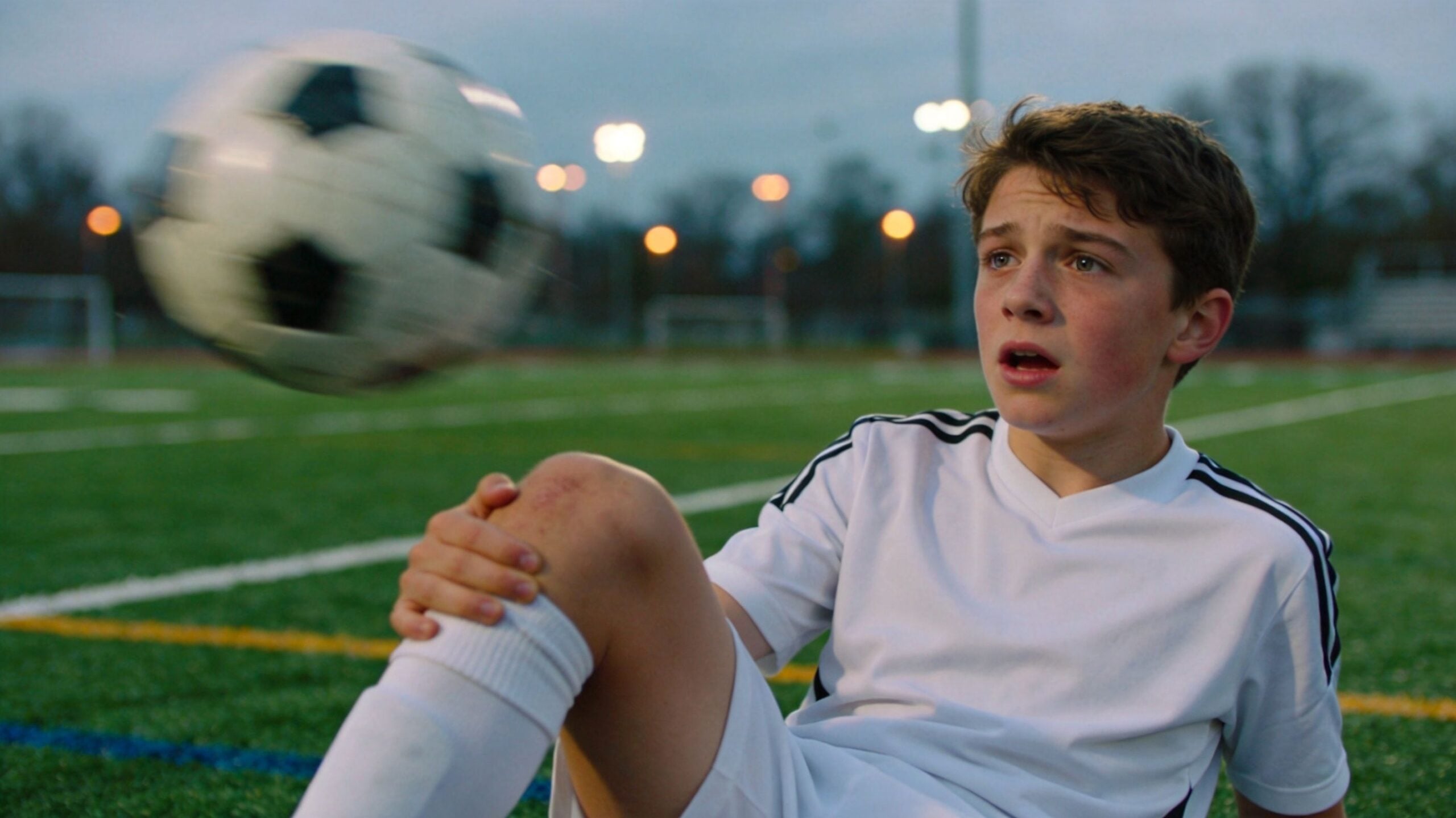 A young male soccer player sits on the field looking concerned while holding his injured knee