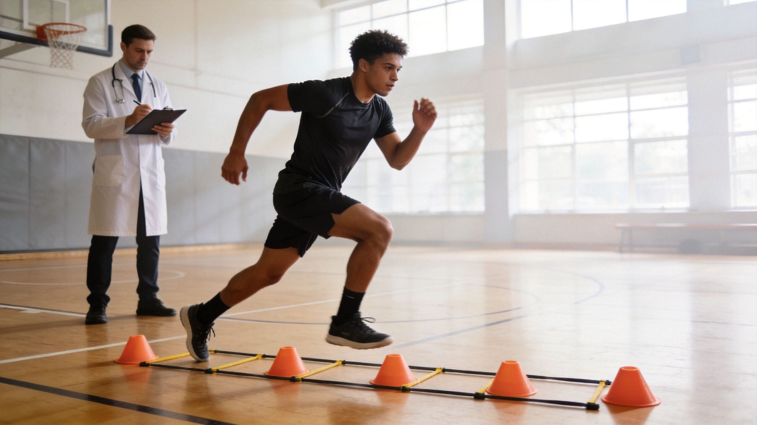 A male athlete training in a gym with a physical therapist observing and taking notes on a clipboard.
