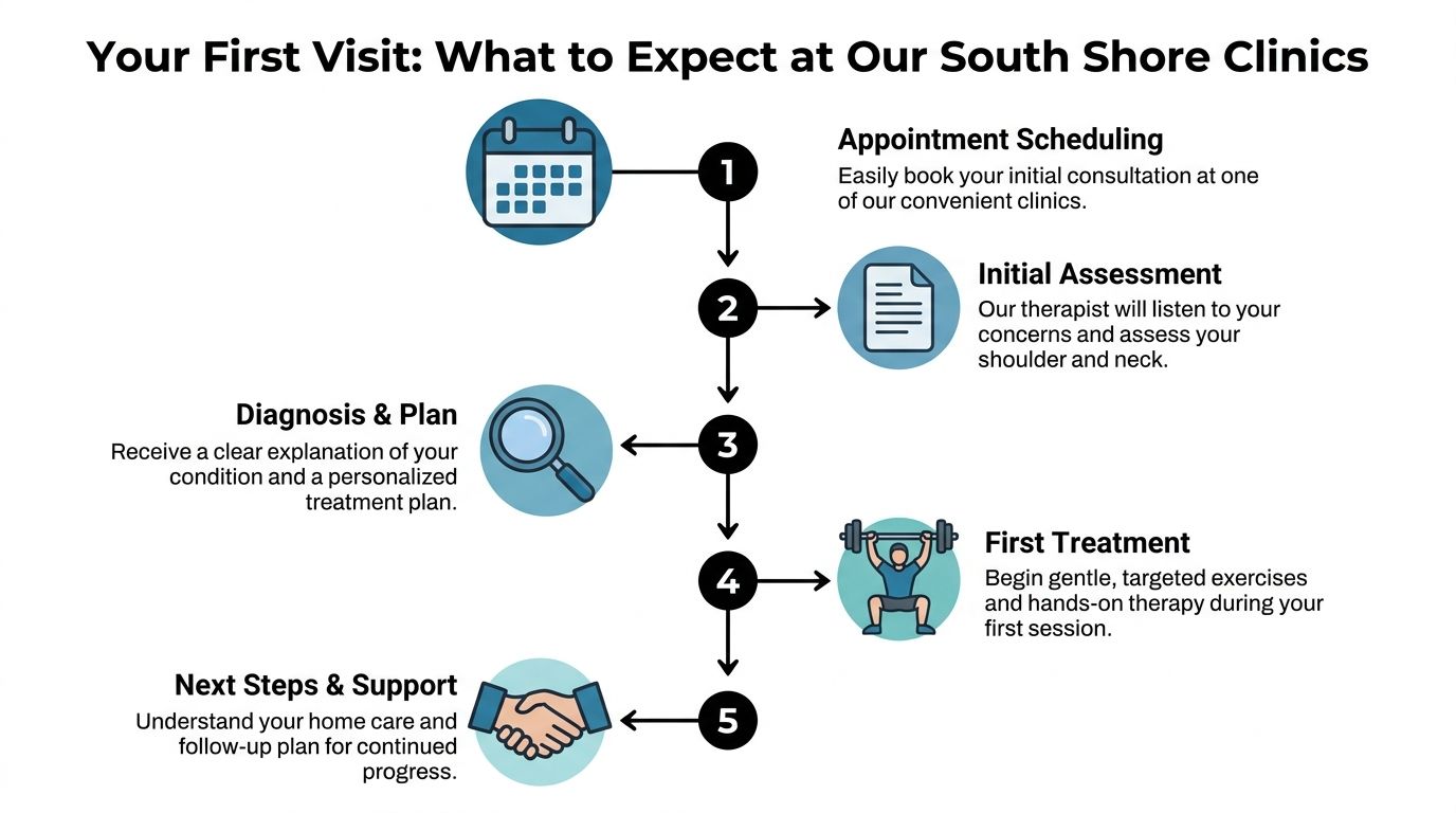 A five-step infographic showing the patient intake process at South Shore Clinics for shoulder and neck care.