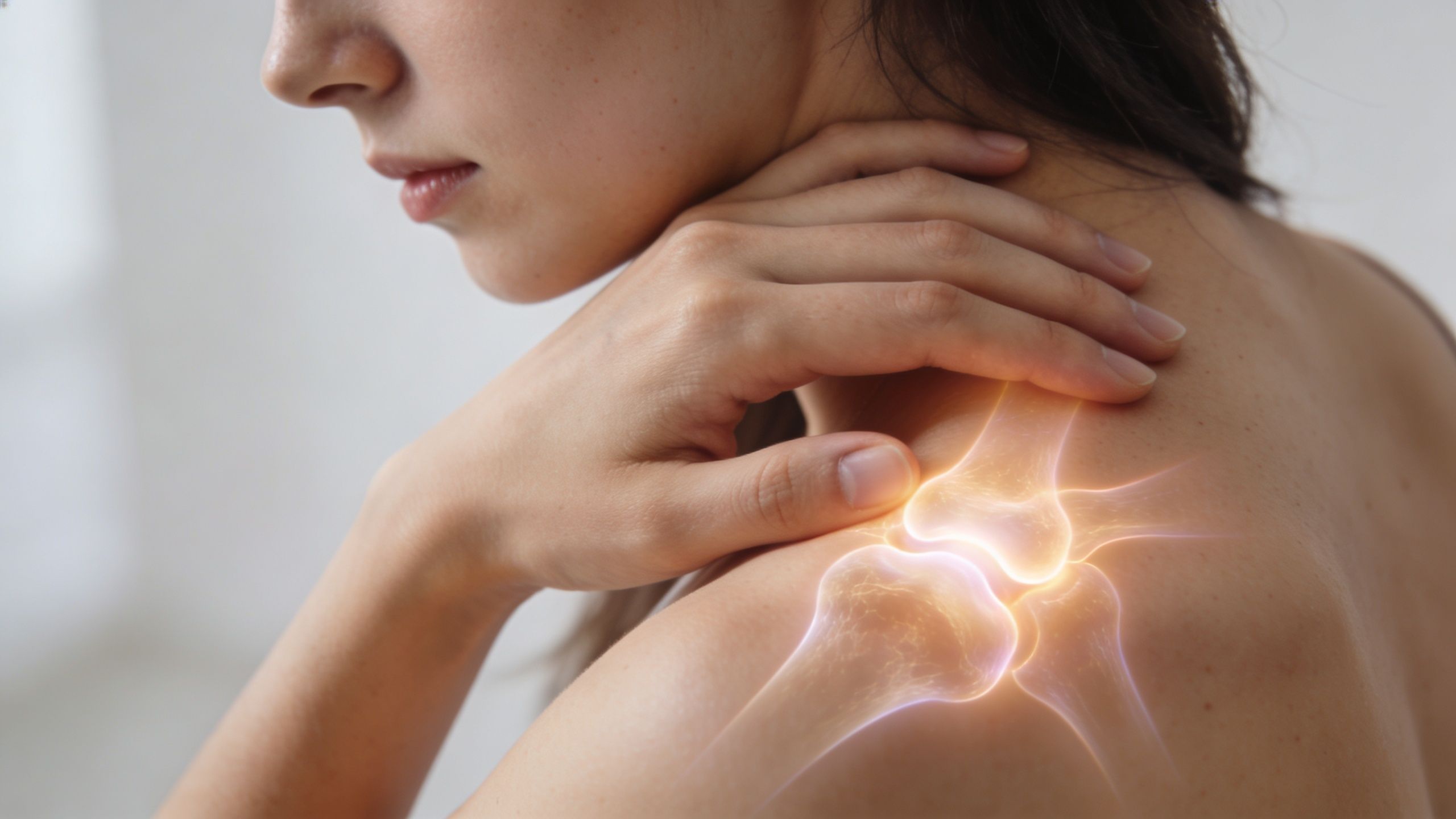 A woman experiencing shoulder pain with a glowing overlay illustrating the anatomy of the affected shoulder joint.