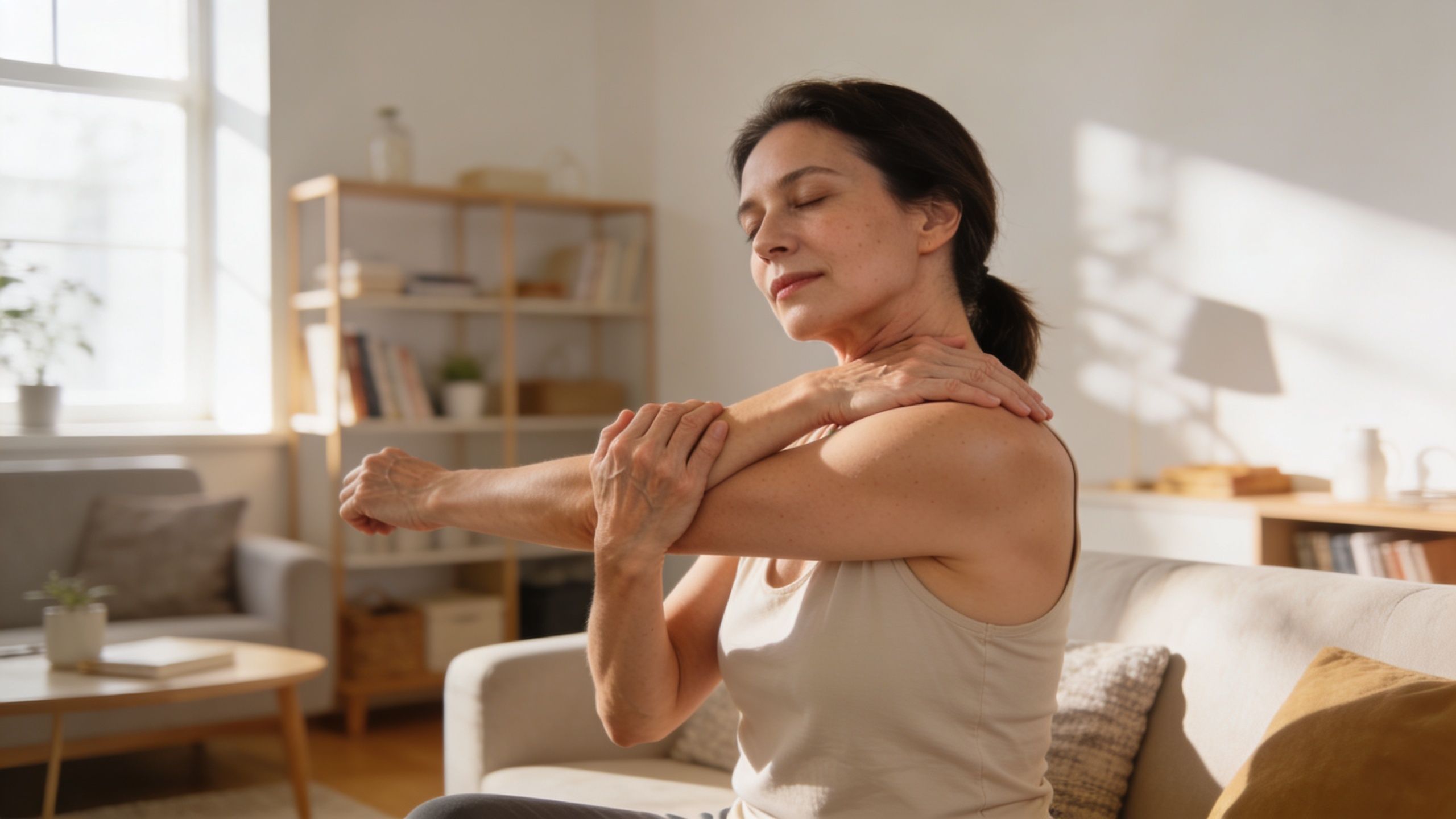 A mature woman sitting on a couch while performing a shoulder stretch to relieve muscle tension.