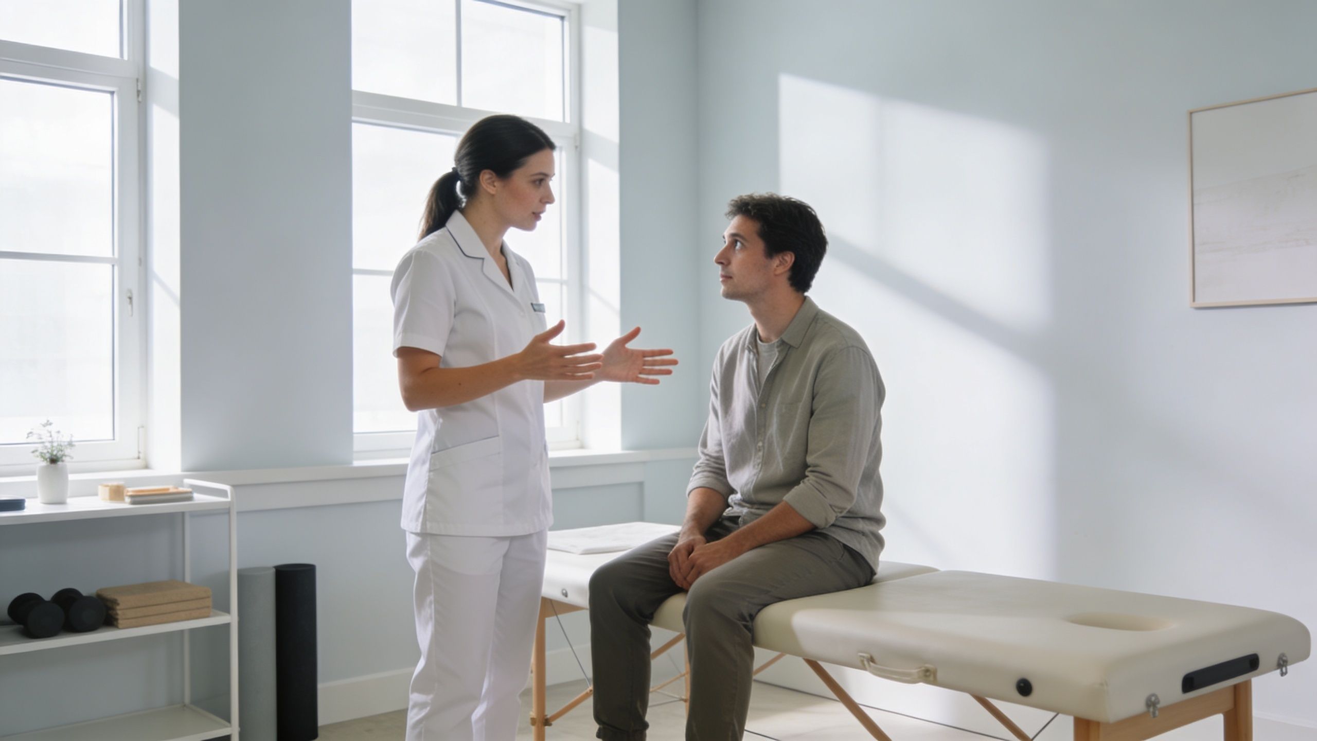 A female physical therapist speaking with a male patient sitting on an examination table in a clinic.