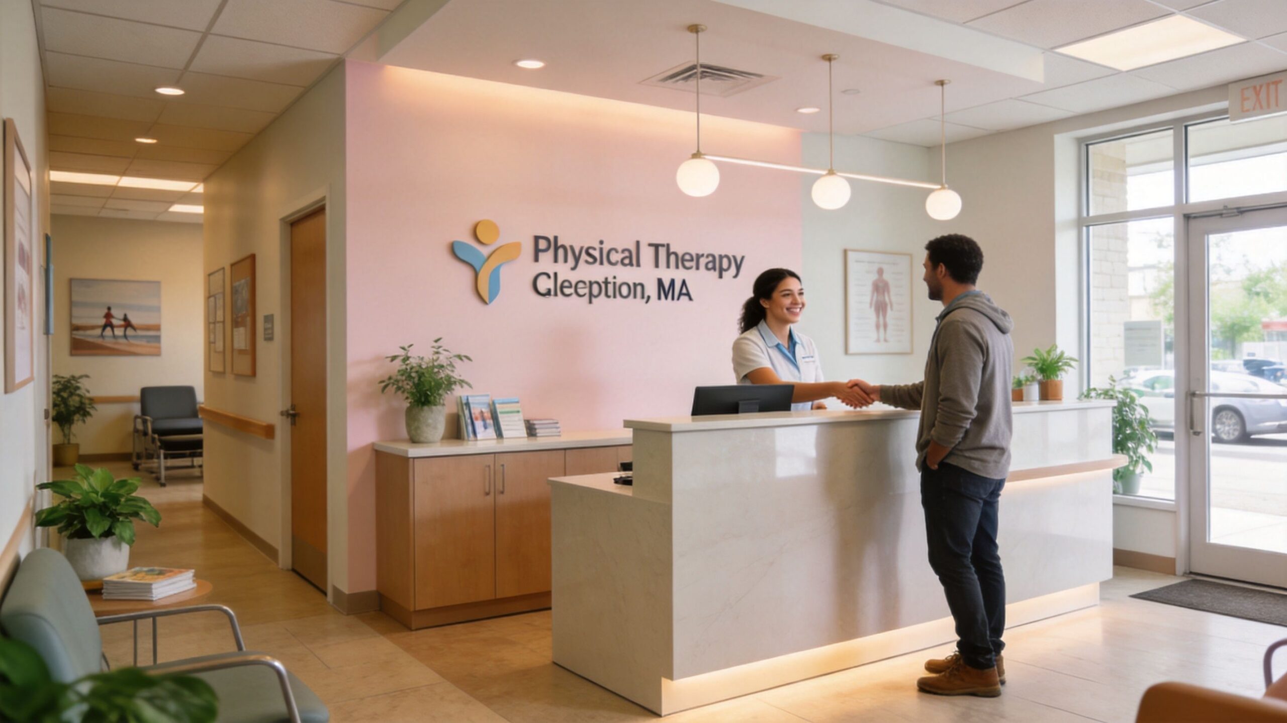 A friendly receptionist shakes hands with a patient at the front desk of a physical therapy clinic.