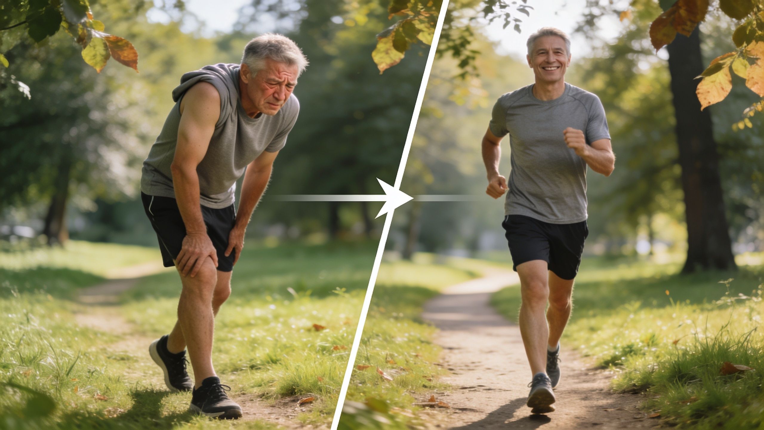 An elderly man recovering from back pain after physical therapy, transitioning from struggling to running happily.