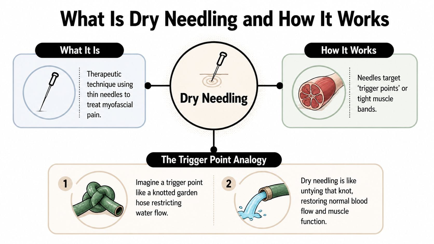 An infographic explaining dry needling therapy, its mechanism, and a garden hose knot analogy for trigger points.