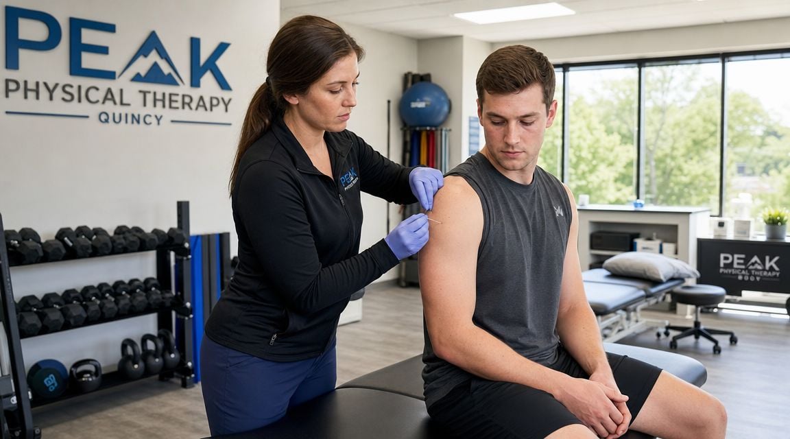 A physical therapist performs dry needling treatment on a male patient's shoulder at a clinical gym setting.