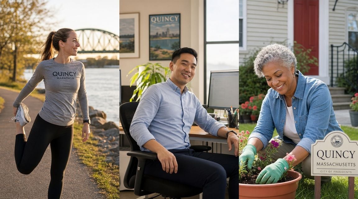 A triptych showing diverse residents of Quincy, Massachusetts, engaging in exercise, office work, and home gardening activities.