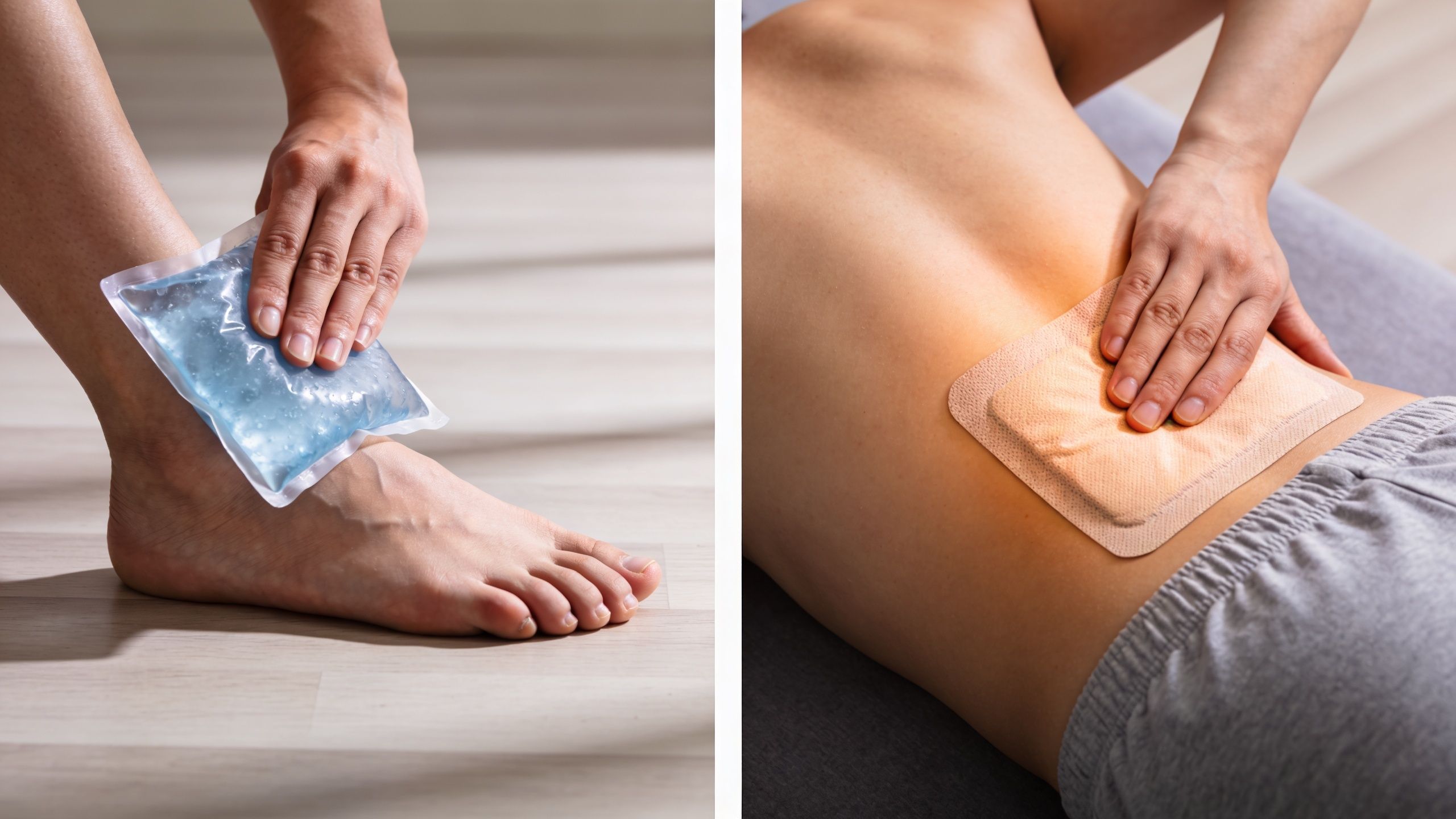 A person applying a cold gel pack to an ankle and a heat patch to lower back.