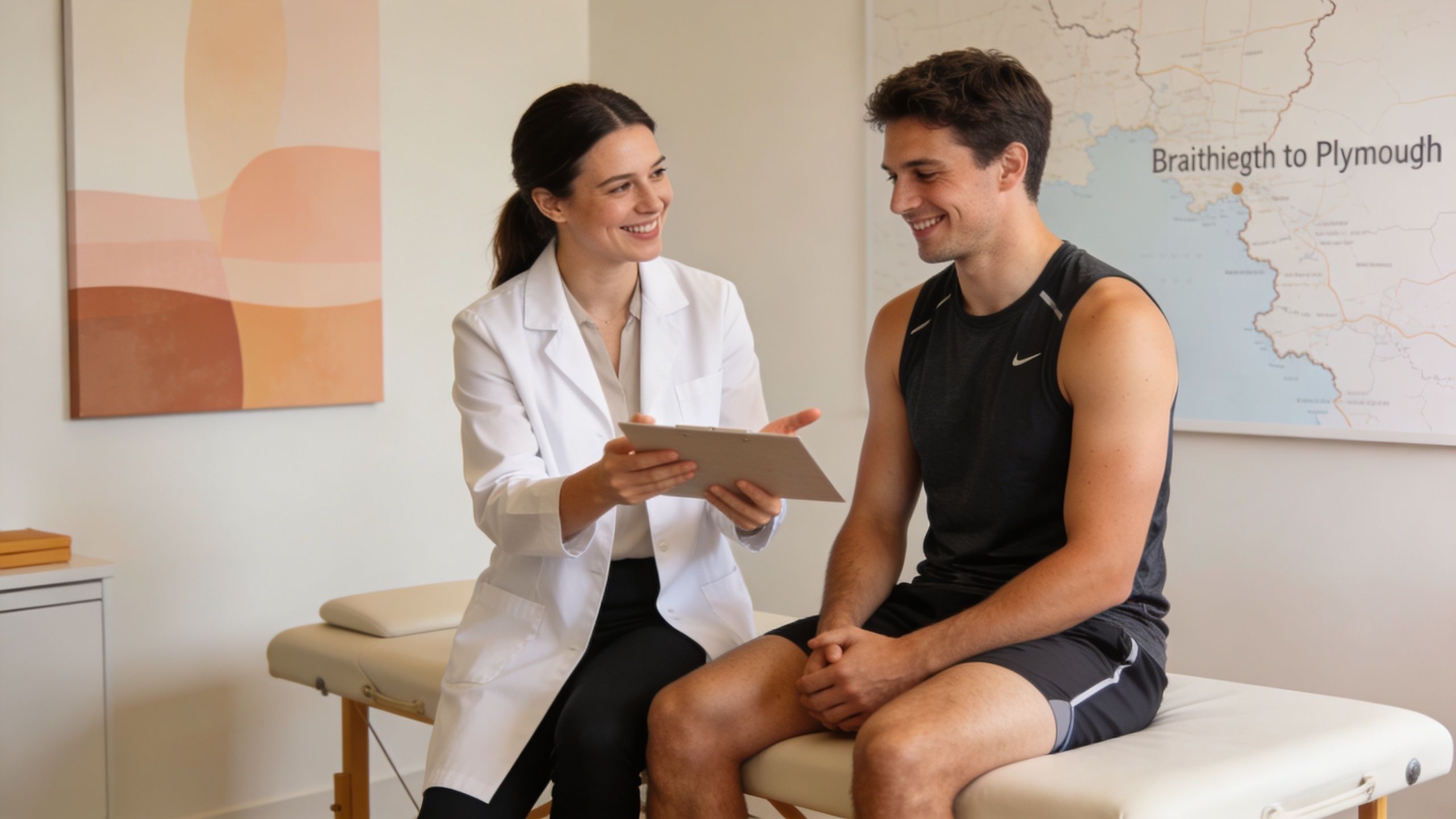 A smiling female physical therapist consulting with a young male patient in an office setting.