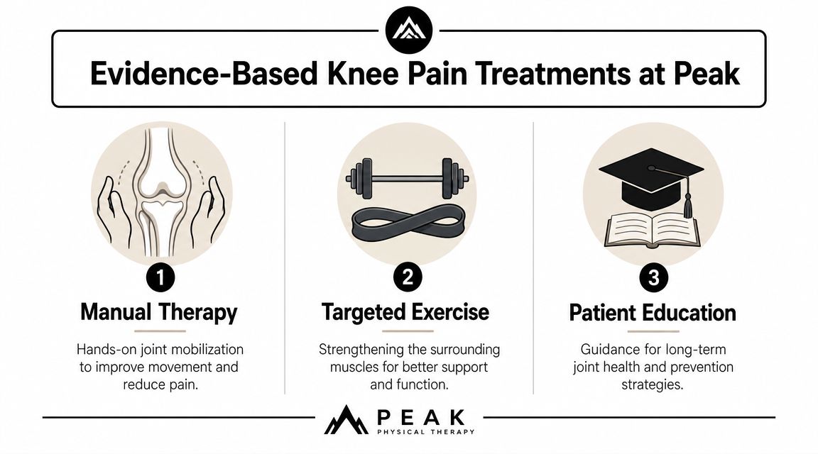 An infographic detailing three evidence-based knee pain treatments including manual therapy, targeted exercise, and patient education.