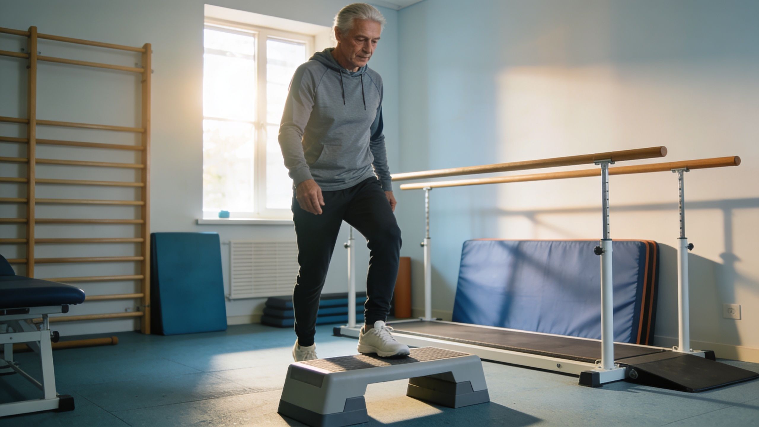 An elderly man performing step-up exercises as part of physical therapy in a rehabilitation clinic.
