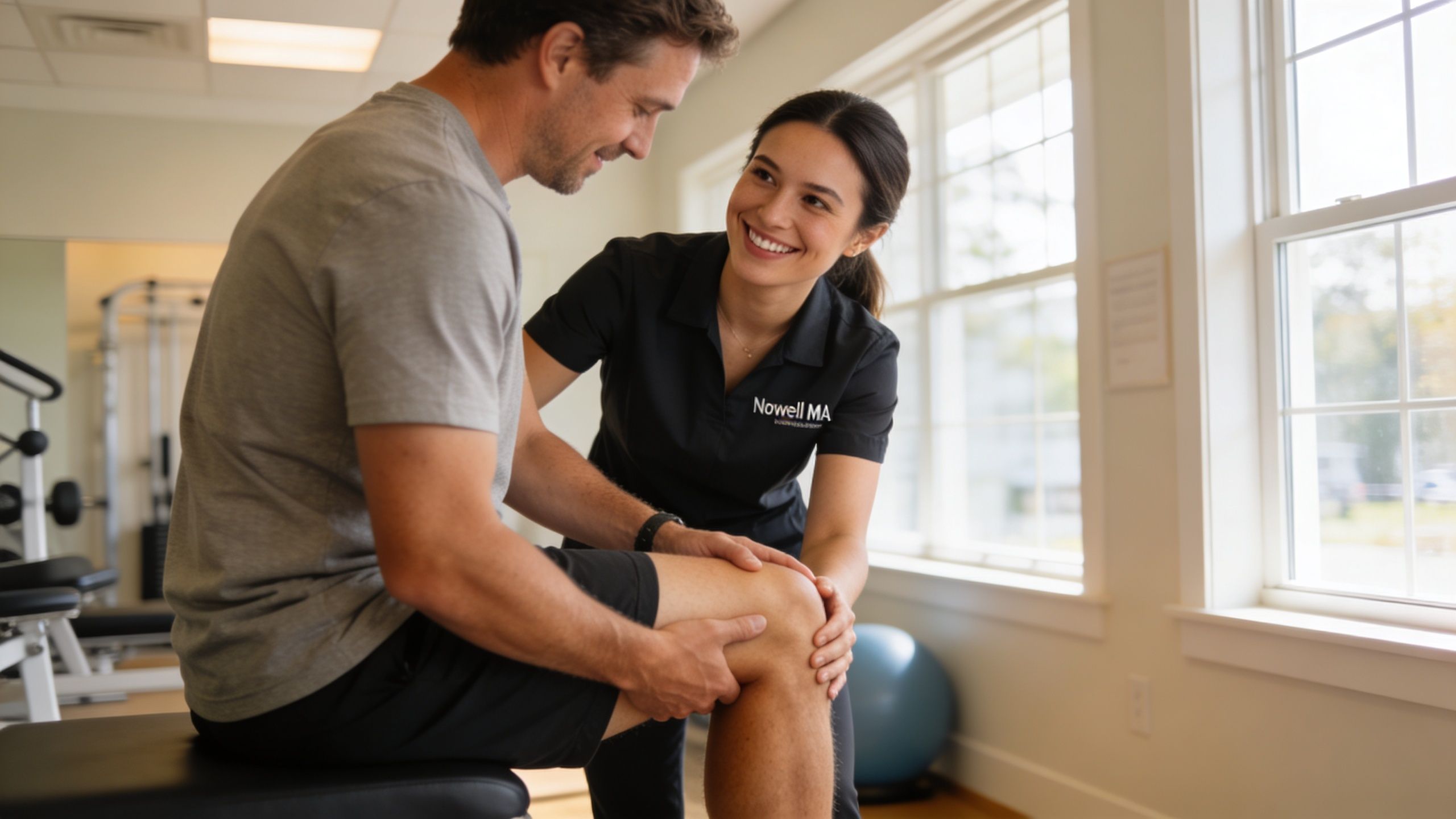 A smiling physical therapist evaluates a patient's knee in a clinical setting in Norwell MA.