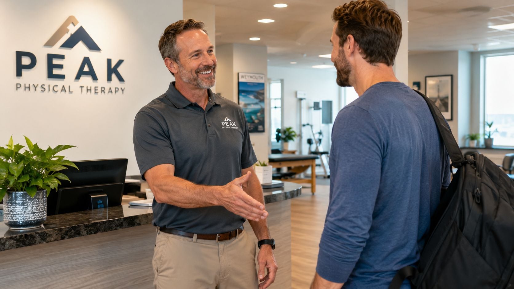 A friendly physical therapist greets a patient arriving for his appointment at a professional therapy clinic office.