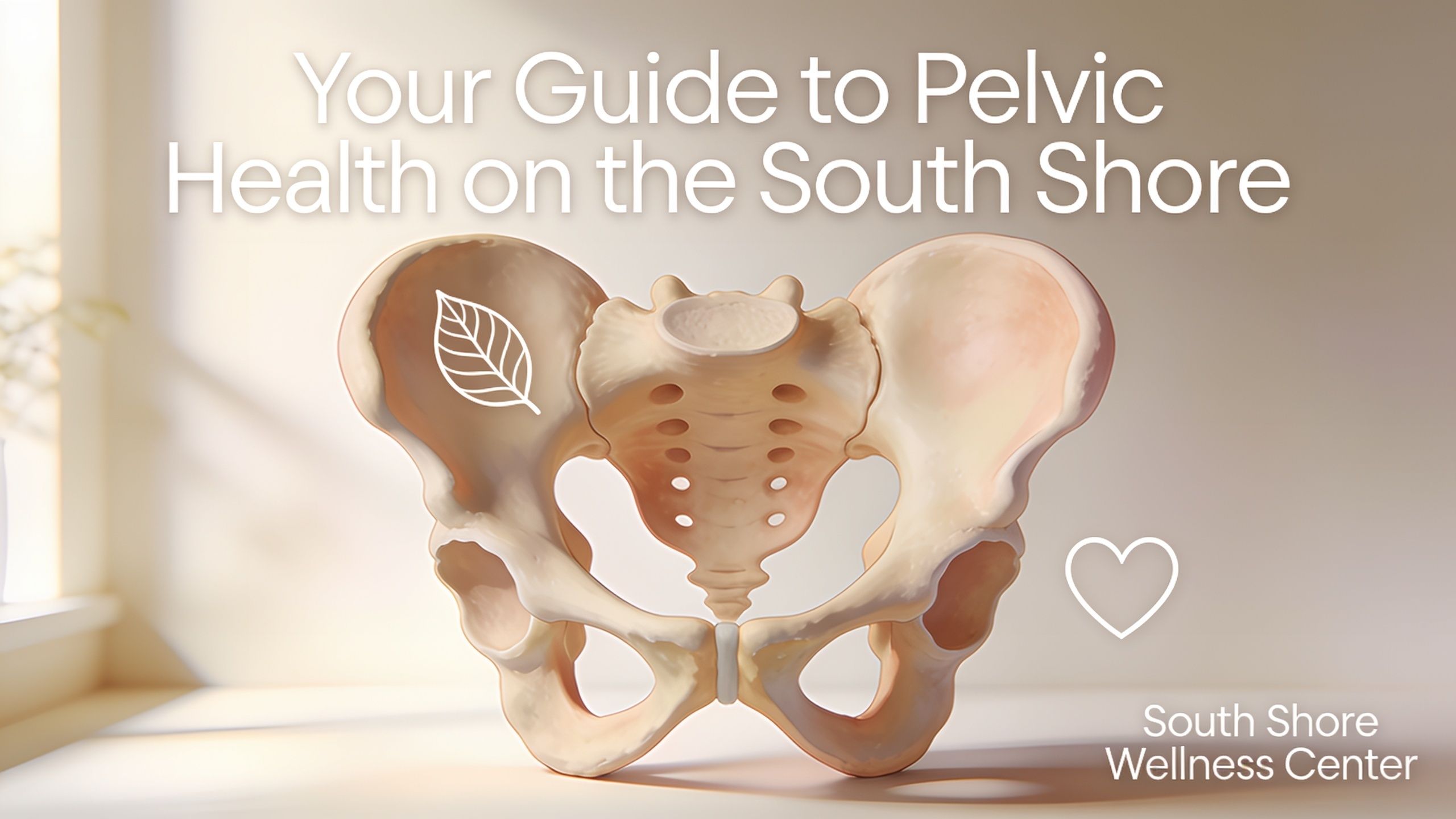A diagram of a human pelvis with a white leaf icon and a heart symbol for wellness.