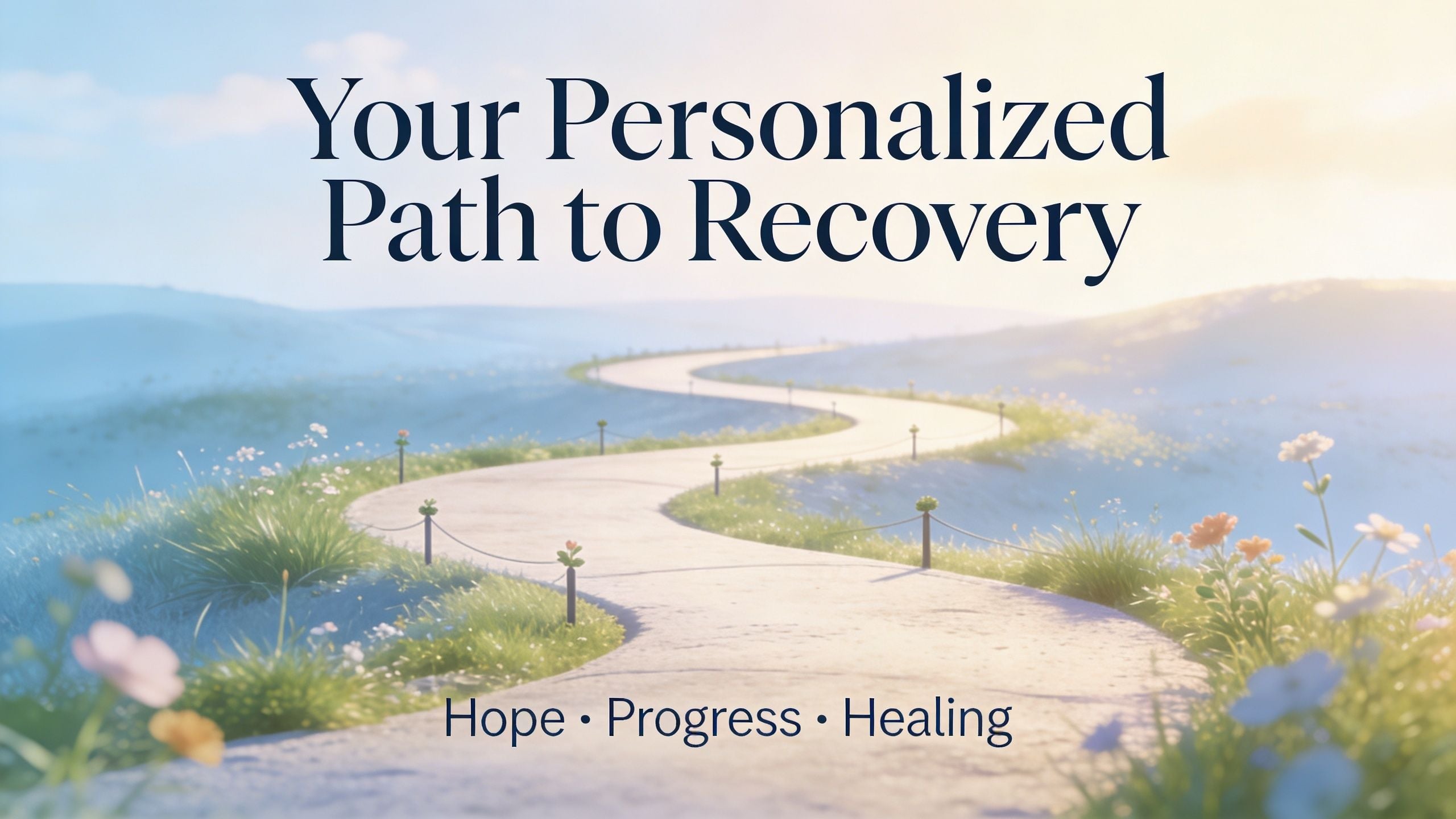A scenic path winding through a serene, flower-filled landscape with text reading Your Personalized Path to Recovery.