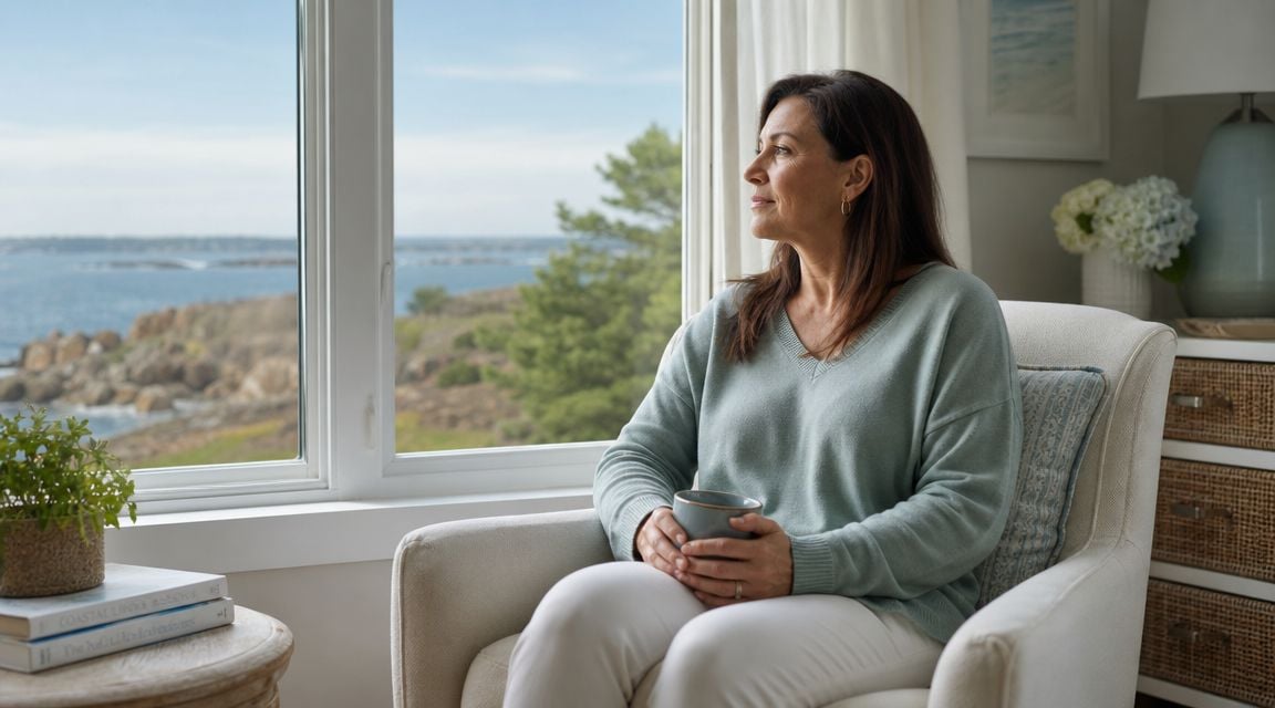 A woman sits comfortably in an armchair near a window overlooking a peaceful coastal landscape.