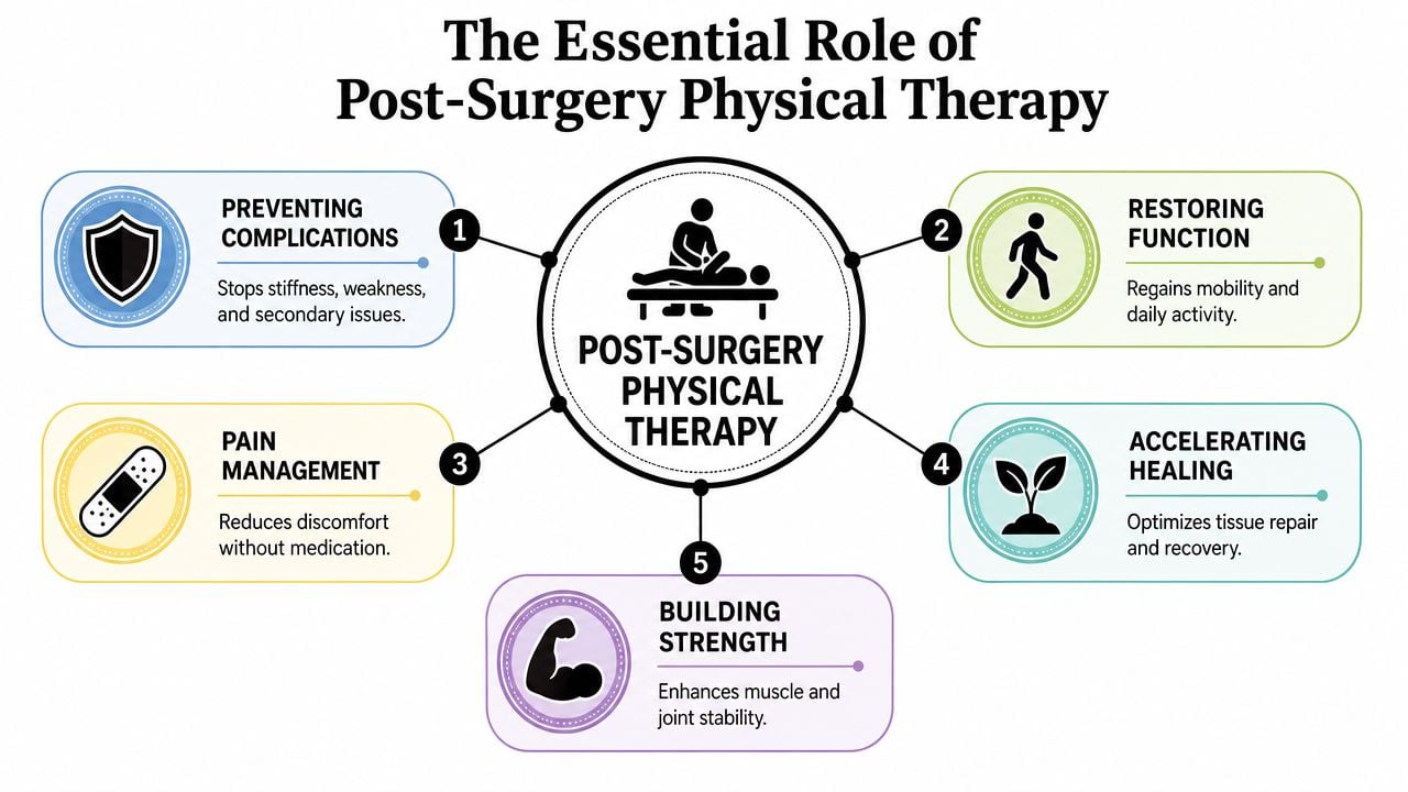A diagram outlining five key benefits of post-surgery physical therapy, including recovery, pain management, and strength.
