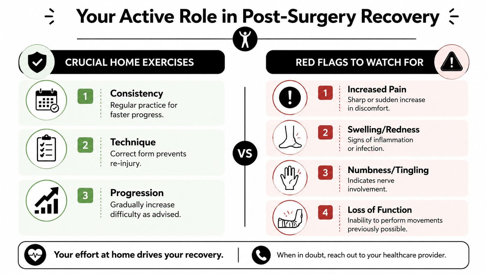 An infographic titled Your Active Role in Post-Surgery Recovery listing home exercise tips and red flag symptoms.