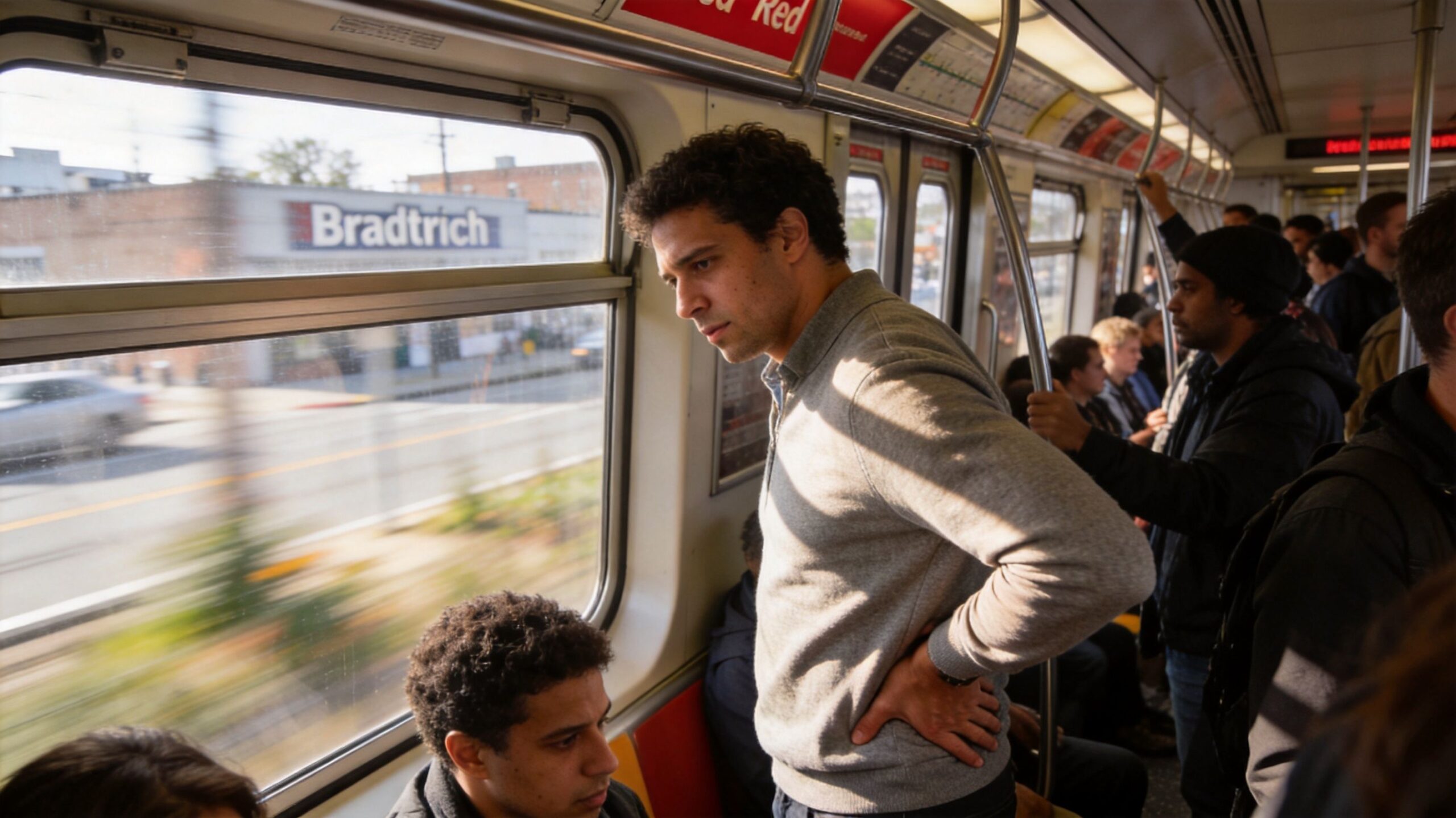 A man in a grey sweater stands on a subway train looking out the window while riding.