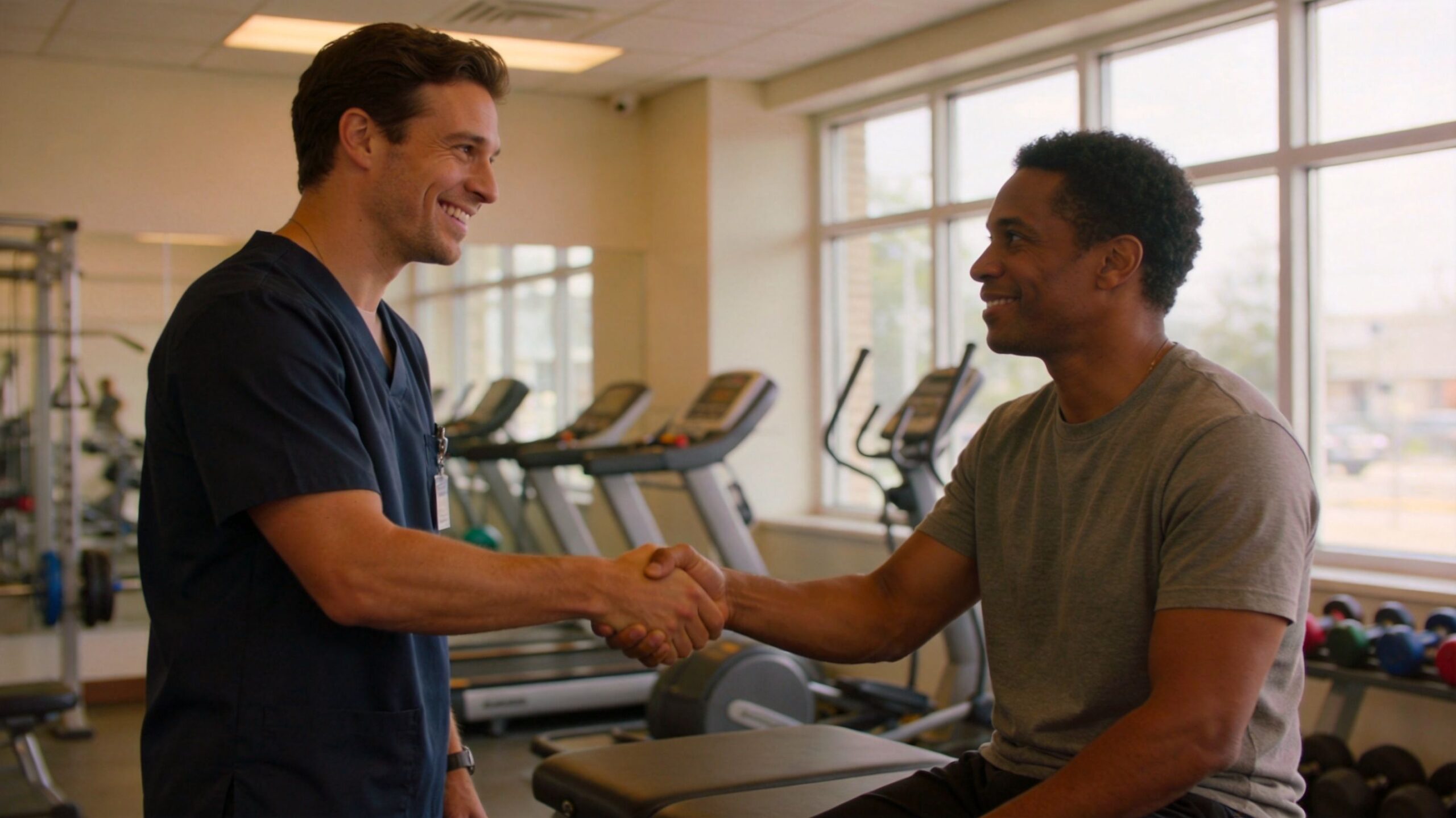 A male physical therapist in scrubs shakes hands with a smiling patient sitting on a therapy bench.