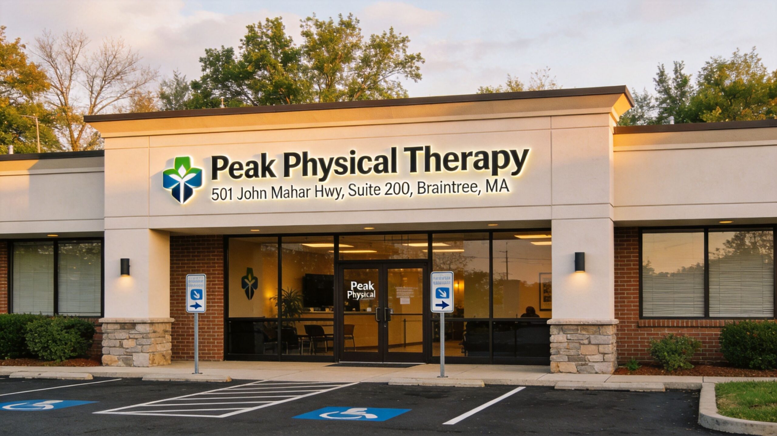 The exterior entrance of the Peak Physical Therapy office building located at 501 John Mahar Hwy in Braintree, Massachusetts.