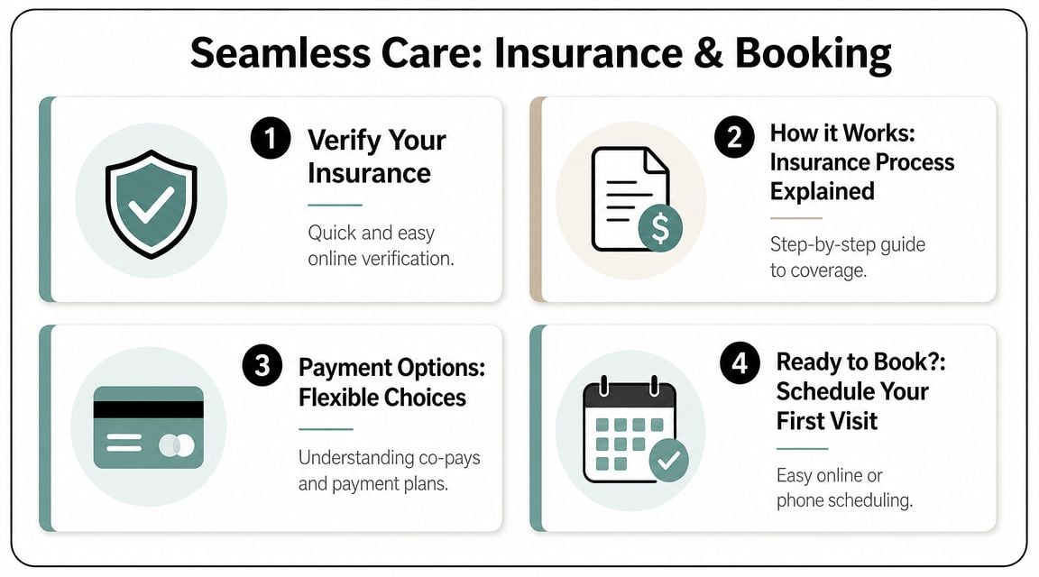 A four-step infographic showing how to verify insurance, understand payment options, and schedule therapy appointments.