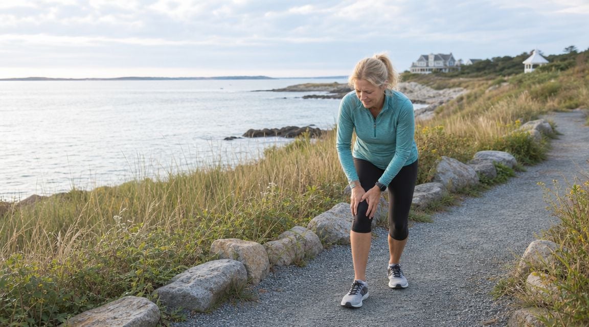 A woman exercising outdoors clutching her knee in pain while walking along a rocky coastal path.