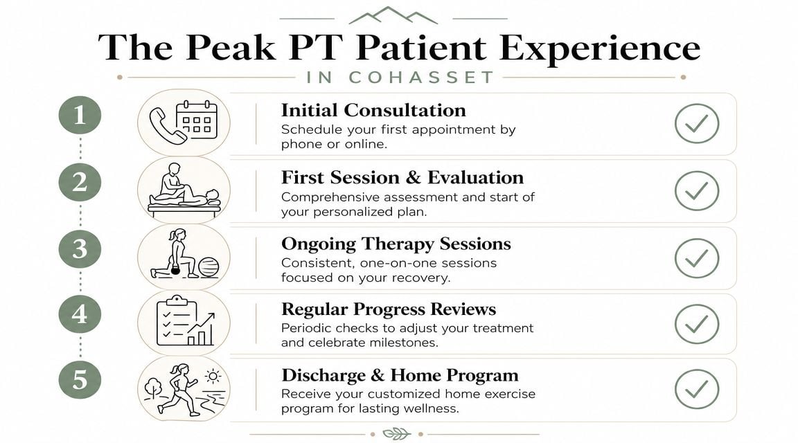 A five step infographic explaining the Peak Physical Therapy patient experience process from consultation to discharge.