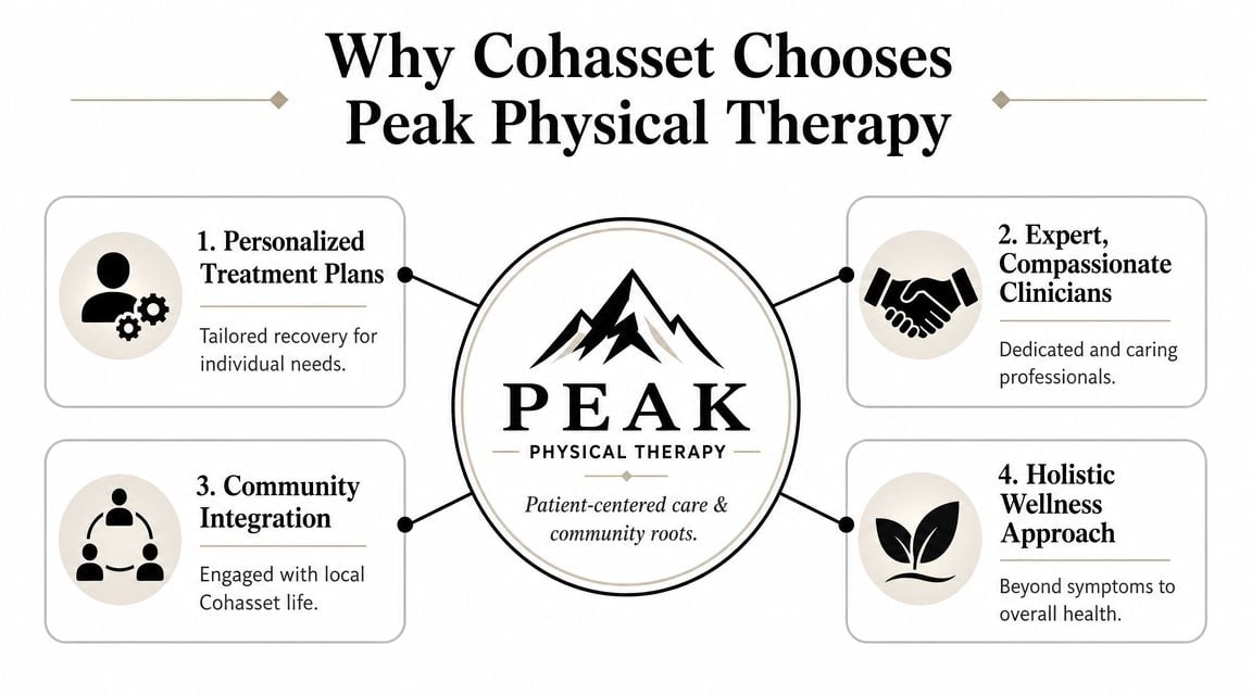 An infographic titled Why Cohasset Chooses Peak Physical Therapy, highlighting four key benefits of their services.