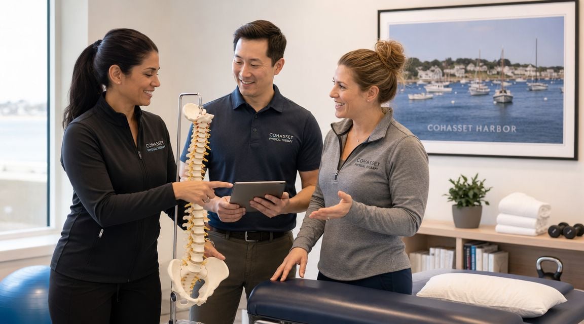 Three physical therapists consulting together in a bright Cohasset office while reviewing a spinal model.