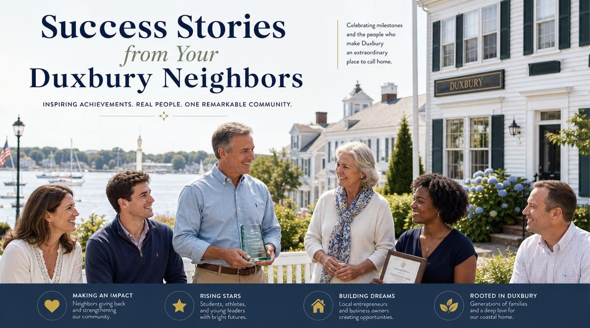 A diverse group of neighbors in Duxbury, Massachusetts, posing together outdoors with awards and community recognition.