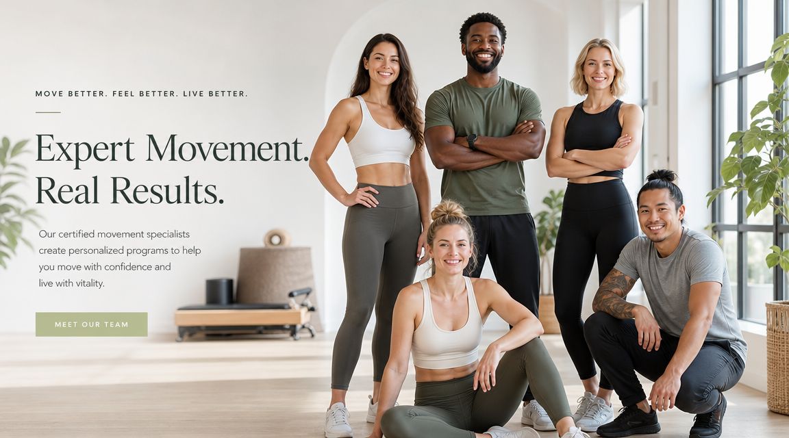 A group of five diverse fitness professionals smiling confidently in a modern, bright studio setting.