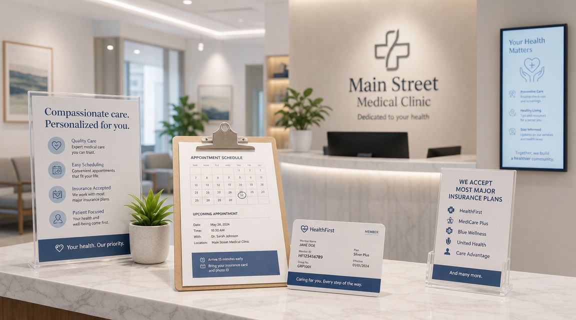 A clean, modern reception desk at Main Street Medical Clinic featuring appointment information and insurance cards.