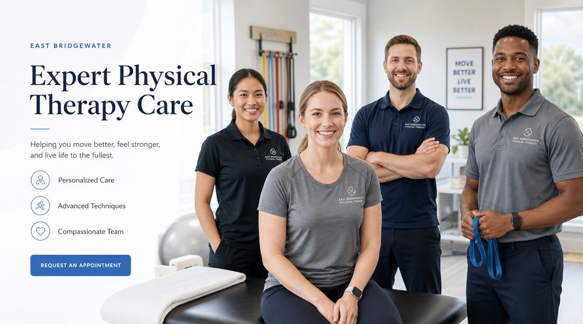 A friendly team of professional physical therapists smiling together in a modern, well-equipped physical therapy clinic setting.