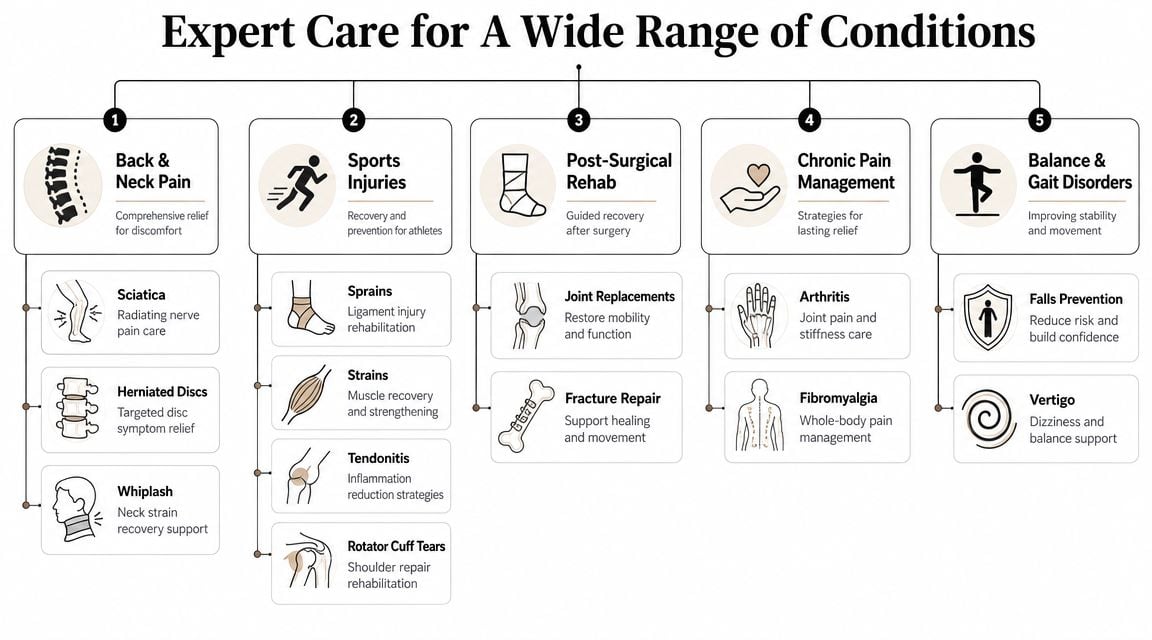 A chart showing physical therapy services for conditions like back pain, sports injuries, and post-surgical rehabilitation.