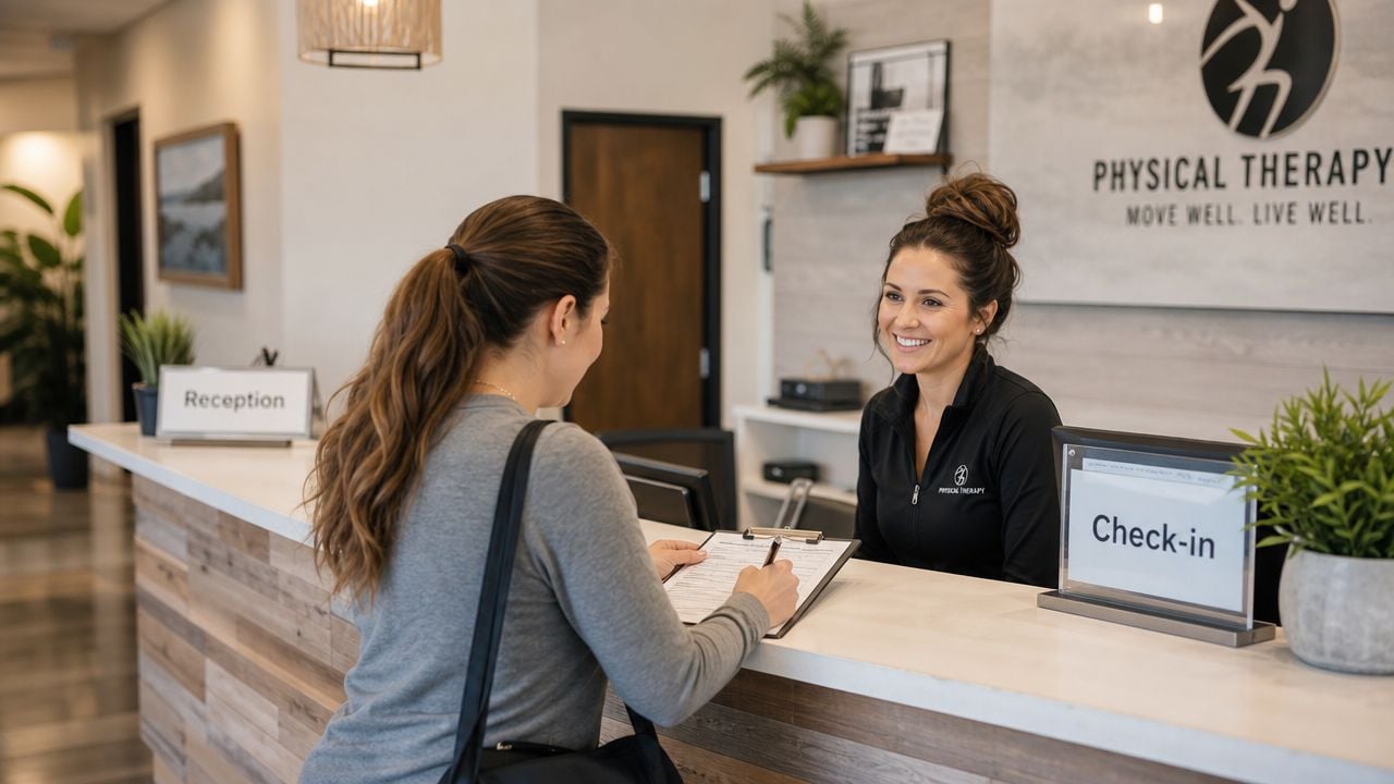 A friendly receptionist greets a patient filling out check-in forms at a modern physical therapy clinic front desk.