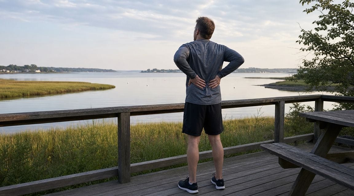 A man standing on a wooden deck looking at the water while holding his lower back in pain.