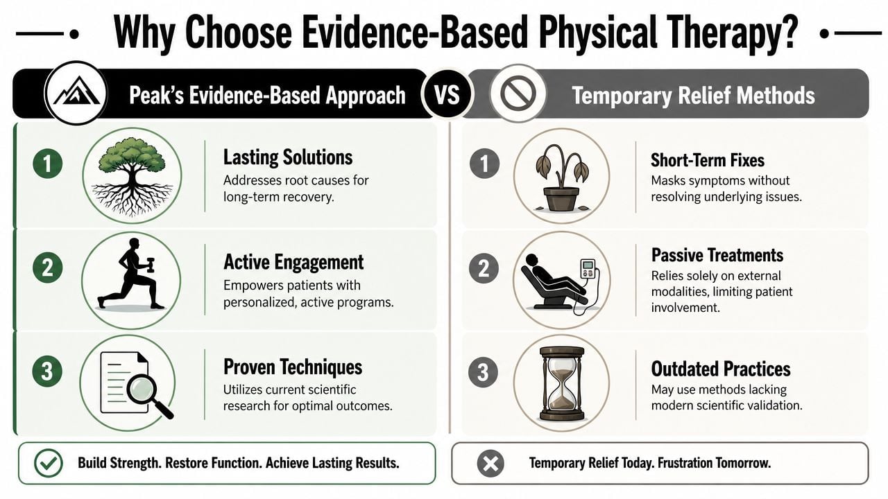 A comparison infographic showing the benefits of evidence-based physical therapy versus temporary relief methods.