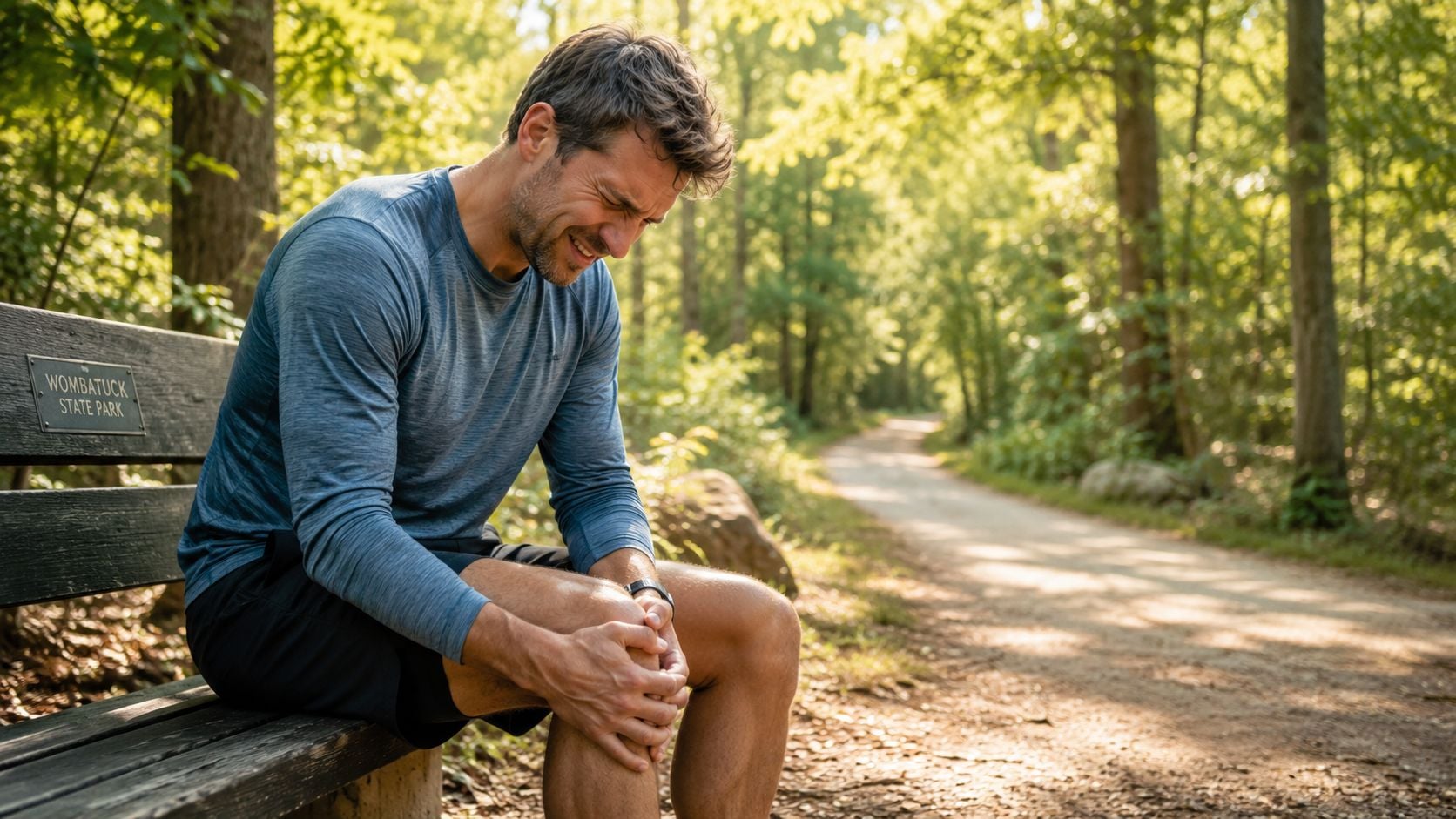 A man in athletic wear sitting on a Wombatuck State Park bench holding his painful knee.