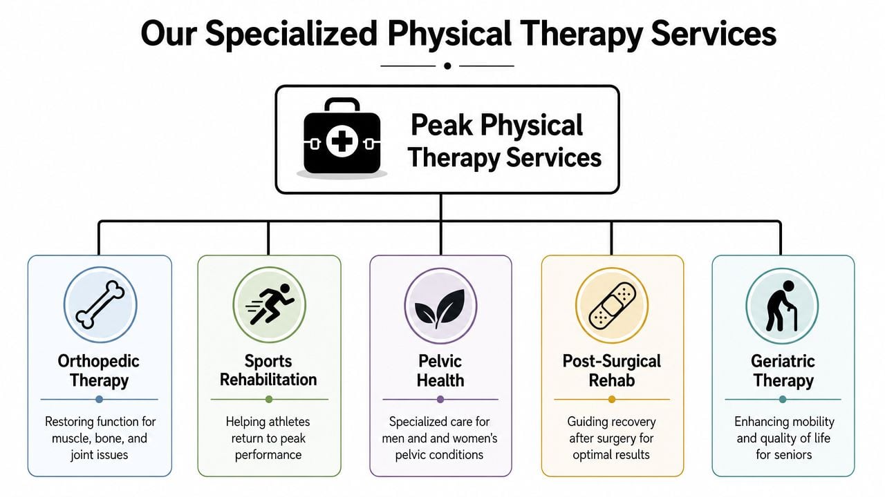 An organizational chart showing five specialized physical therapy services offered by Peak Physical Therapy Services.