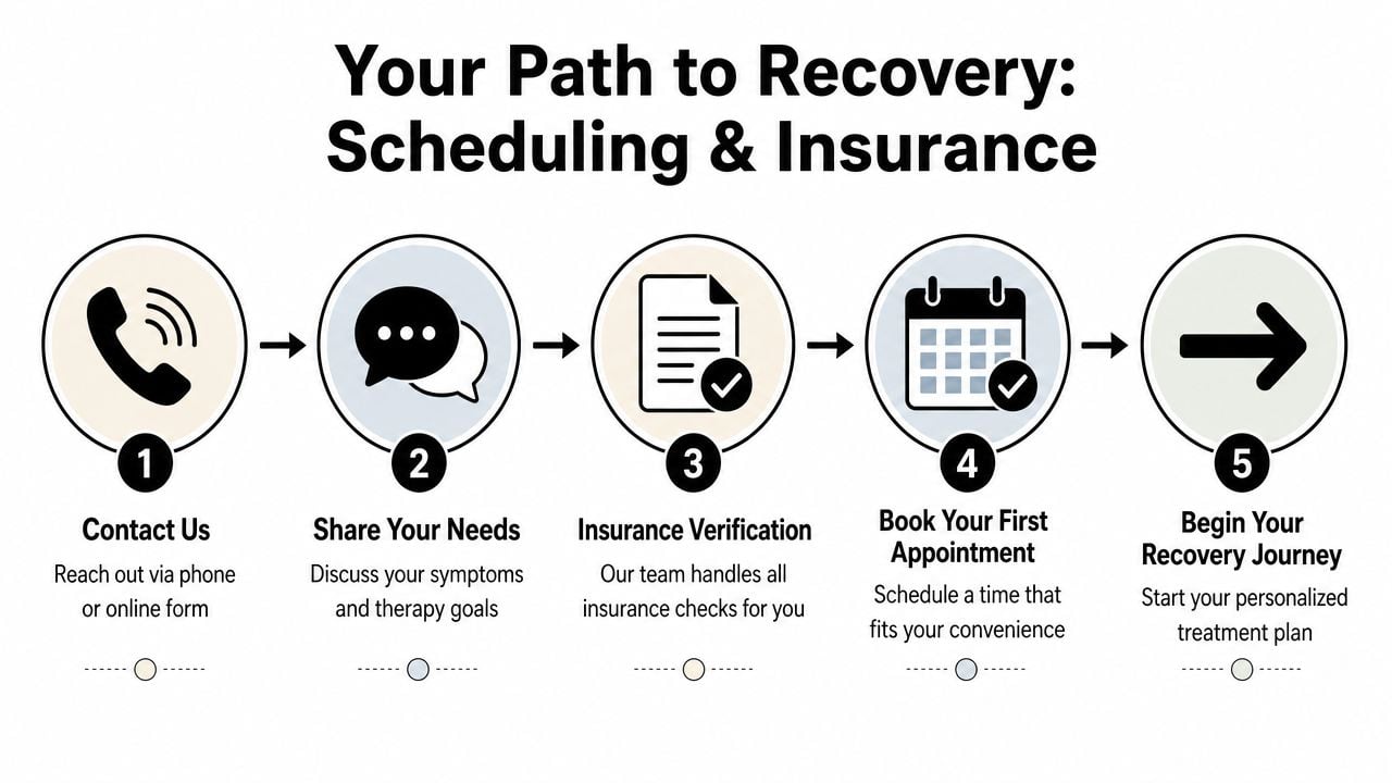 A five-step guide titled Your Path to Recovery showing the process for scheduling therapy and verifying insurance.